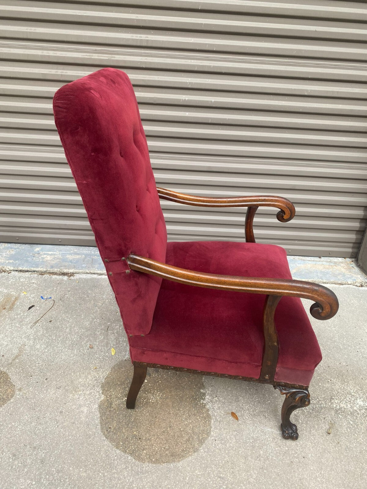 Antique Mahogany Red Velvet Claw Feet George II Arm Chair