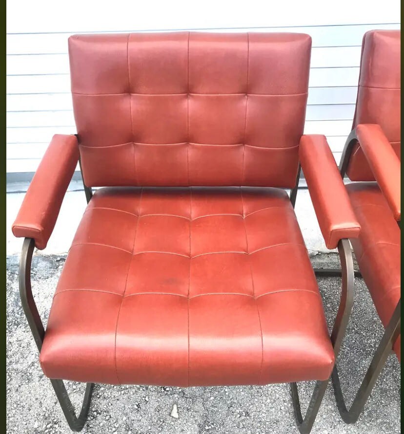 Lot Of 4 Vintage Red Patrician Furniture Chrome/leather Chairs With Arm Rest