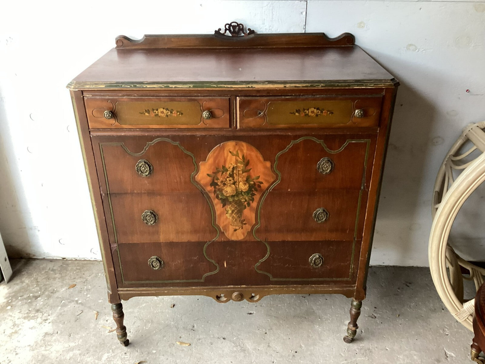 Vintage 5 Drawers Brown Wooden Wheeled Dresser/Chest With Floral Design