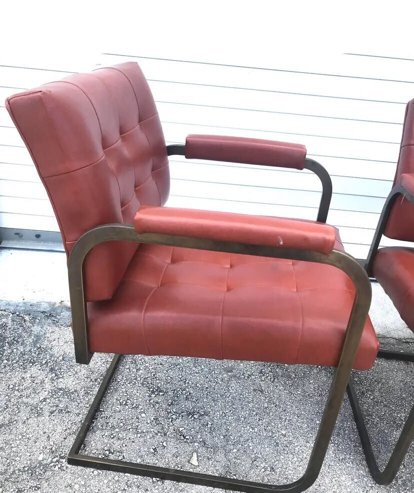 Lot Of 4 Vintage Red Patrician Furniture Chrome/leather Chairs With Arm Rest
