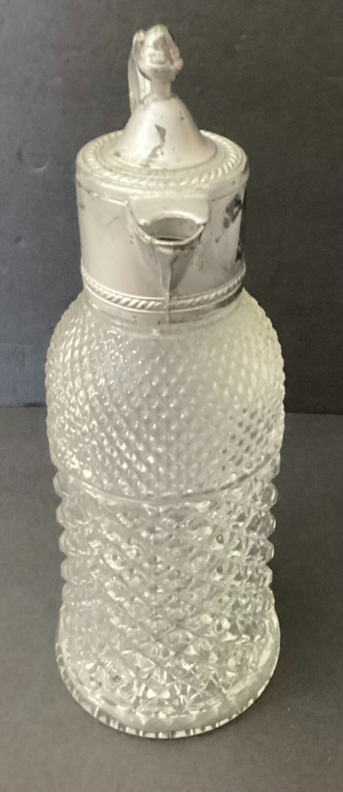Pressed Glass Crystal Pitcher Decanter Silver Plate Top