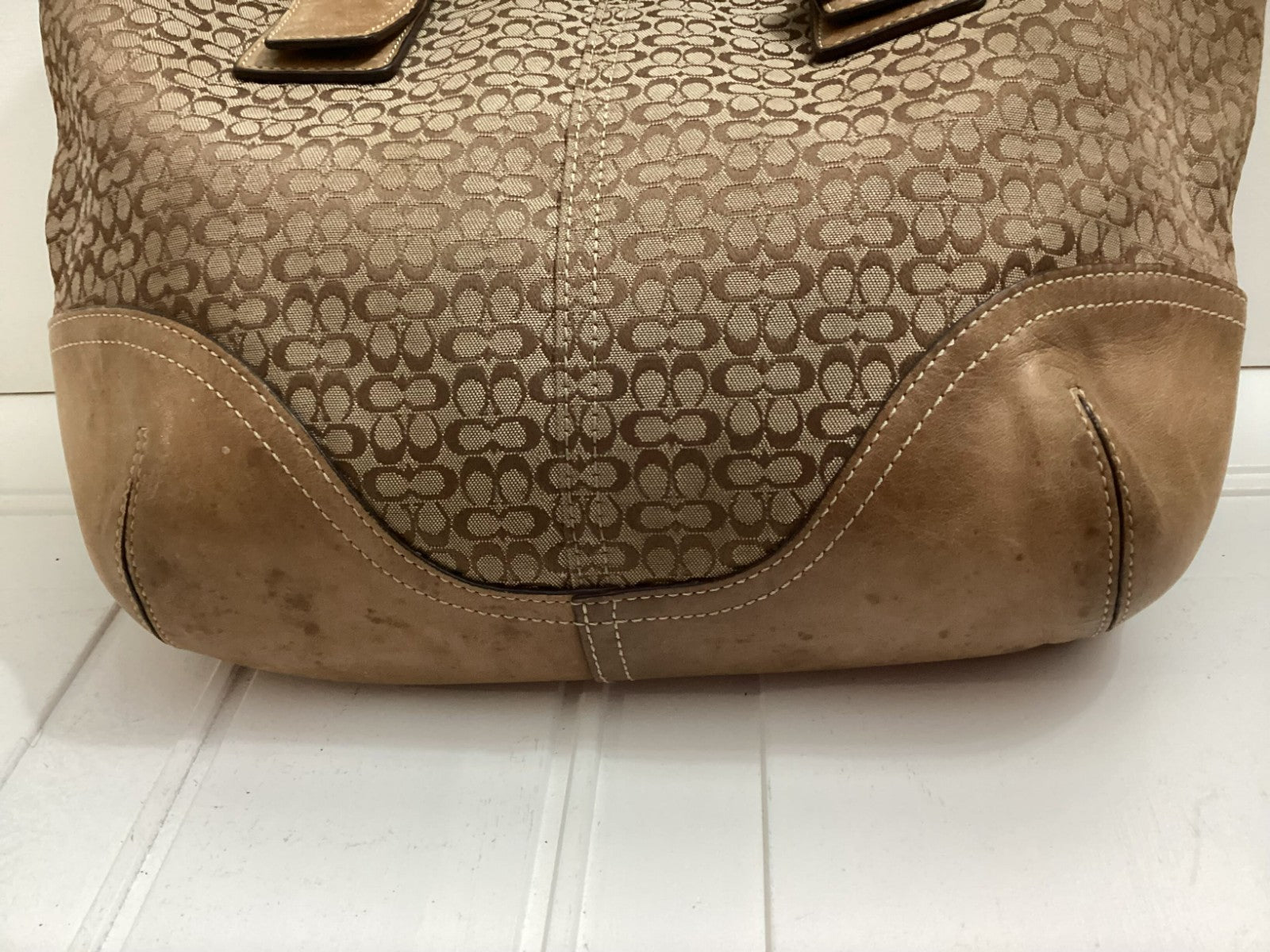 Coach Women's Signature Logo Brown Leather Canvass Double Handle Tote Bag
