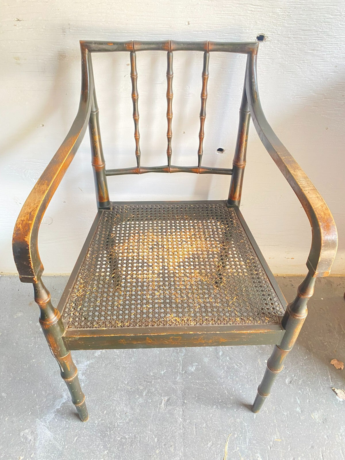 Antique Wooden Cane Seat Black Chair/White Cushion With Arm Rest