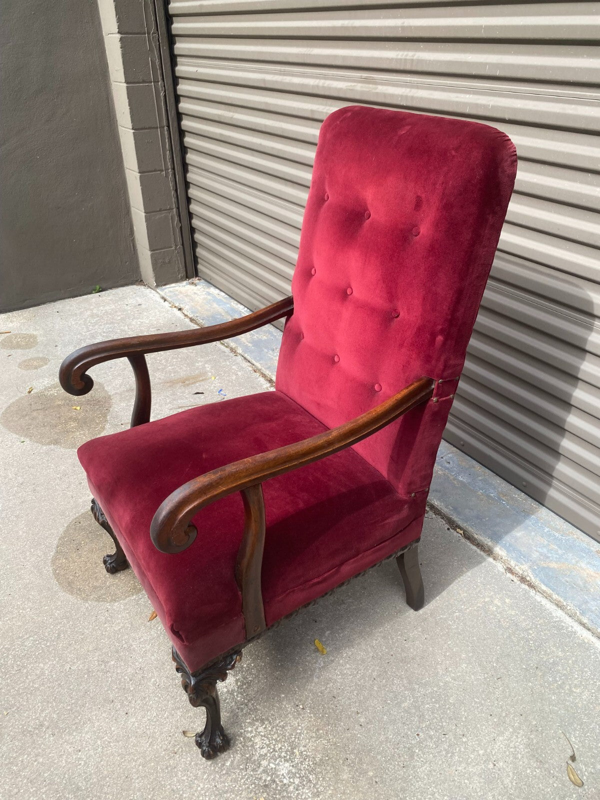 Antique Mahogany Red Velvet Claw Feet George II Arm Chair