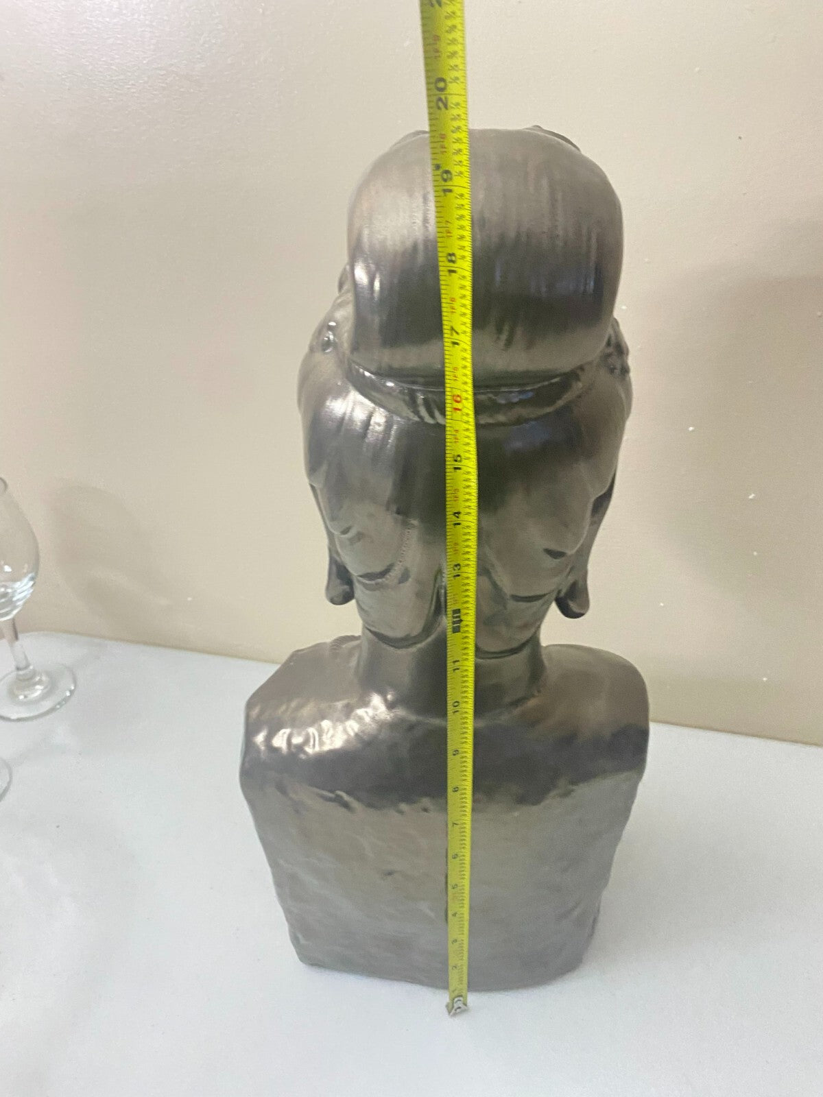 Large Pewter Gray Ceramic Buddha Bust Statue 19.5x9x6 In