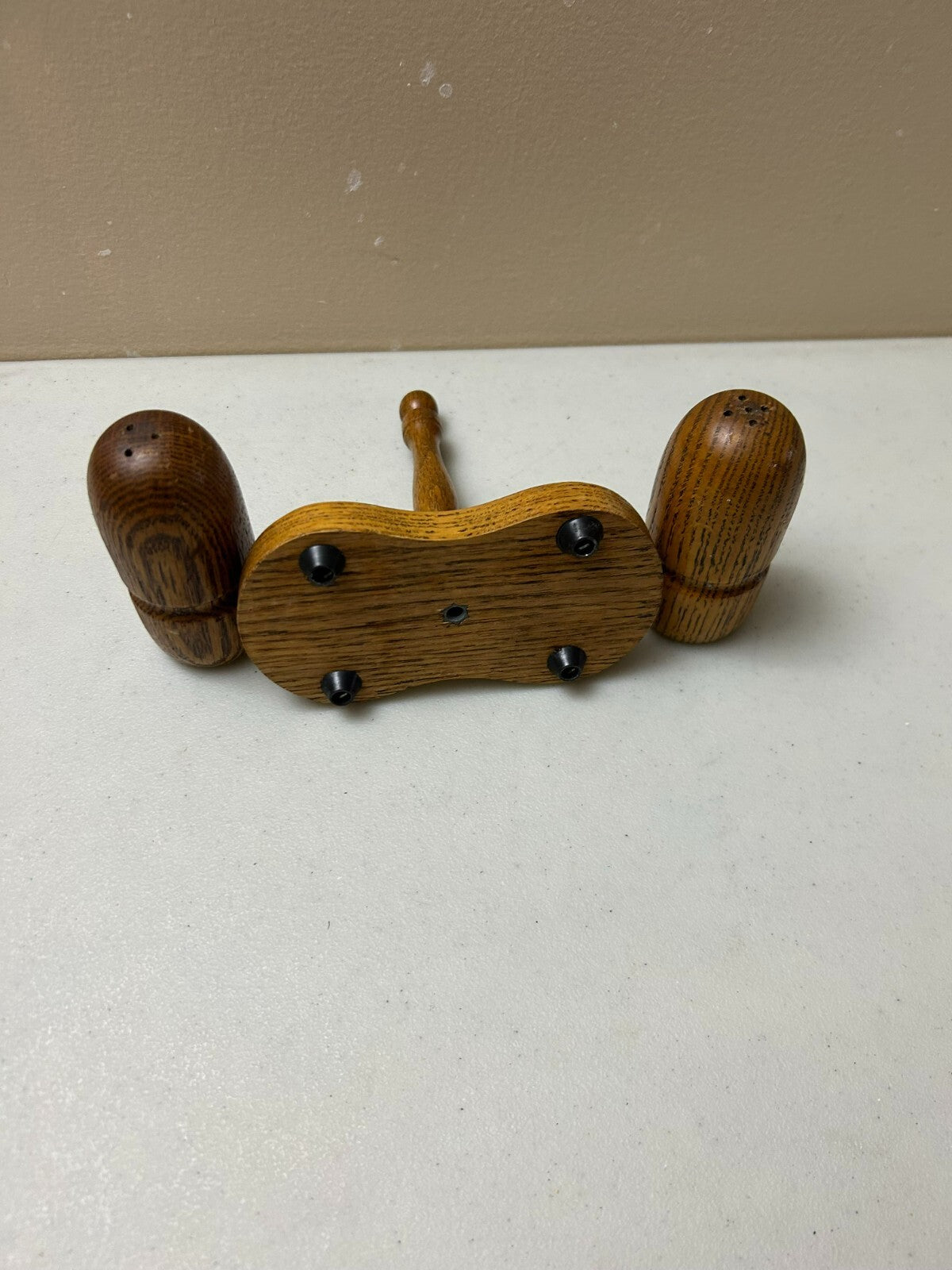 Vintage Brown Wooden Salt And Pepper Shaker With Condiment Tray/Holder Set