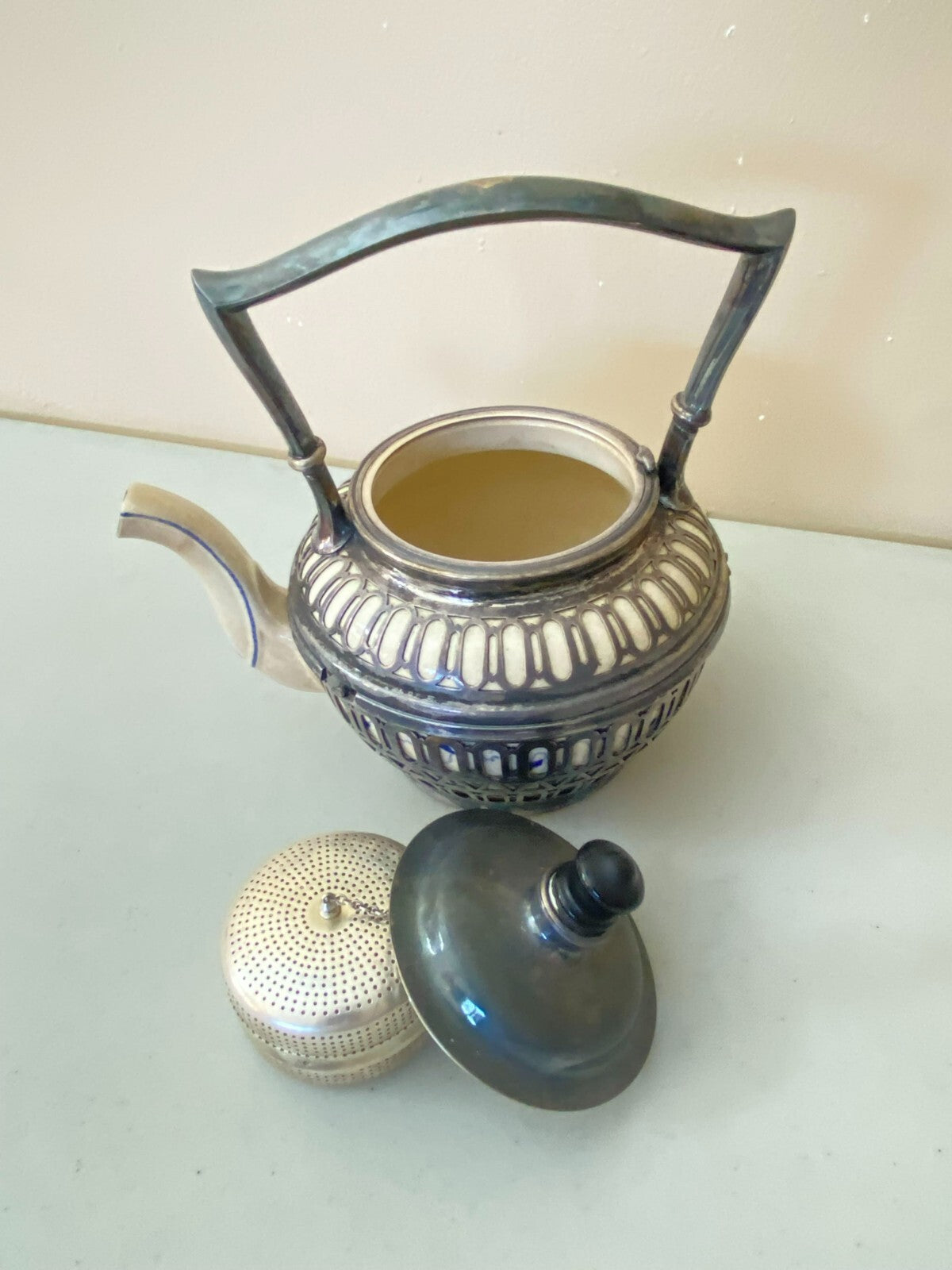 Antique Reticulated Ceramic Covered With Metal Teapot With Built In Strainer