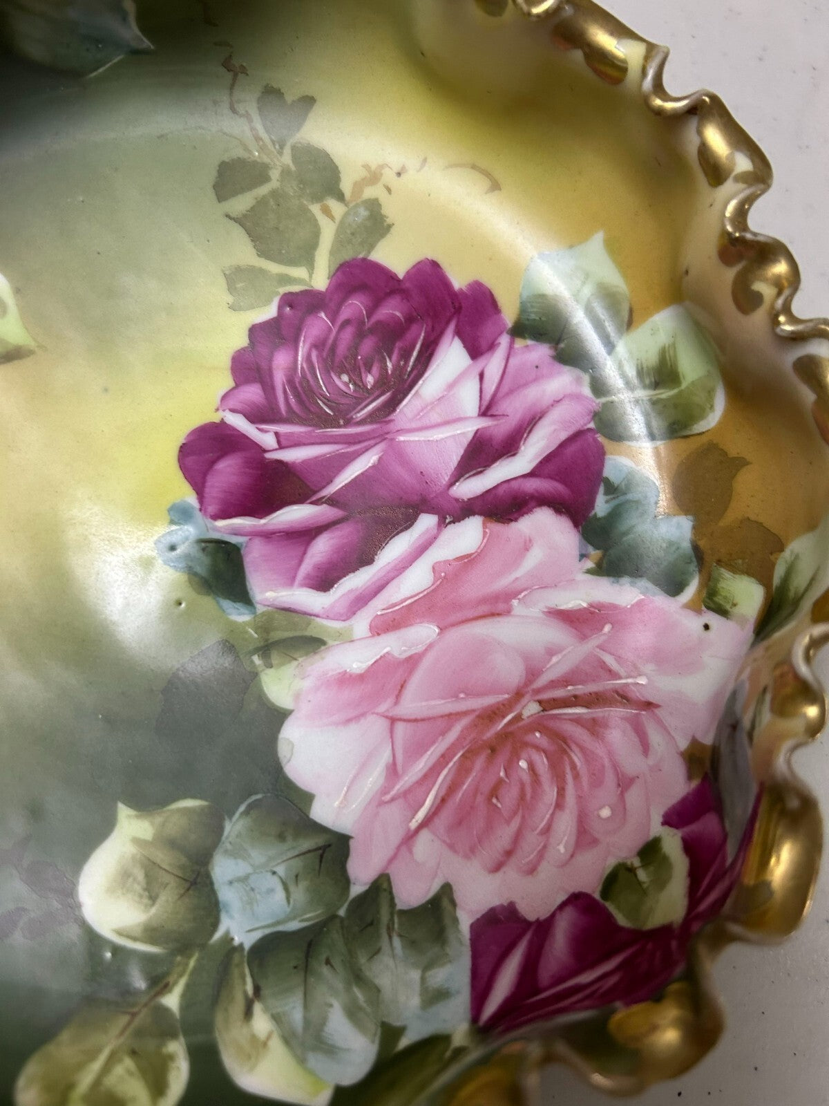 Antique Hand Painted Nippon Round Floral (Pink Roses) Ruffled Edge Dish