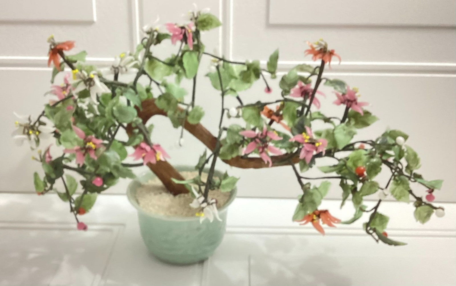 Japanese Vintage Artificial Bonsai Tree And Jade Flowers