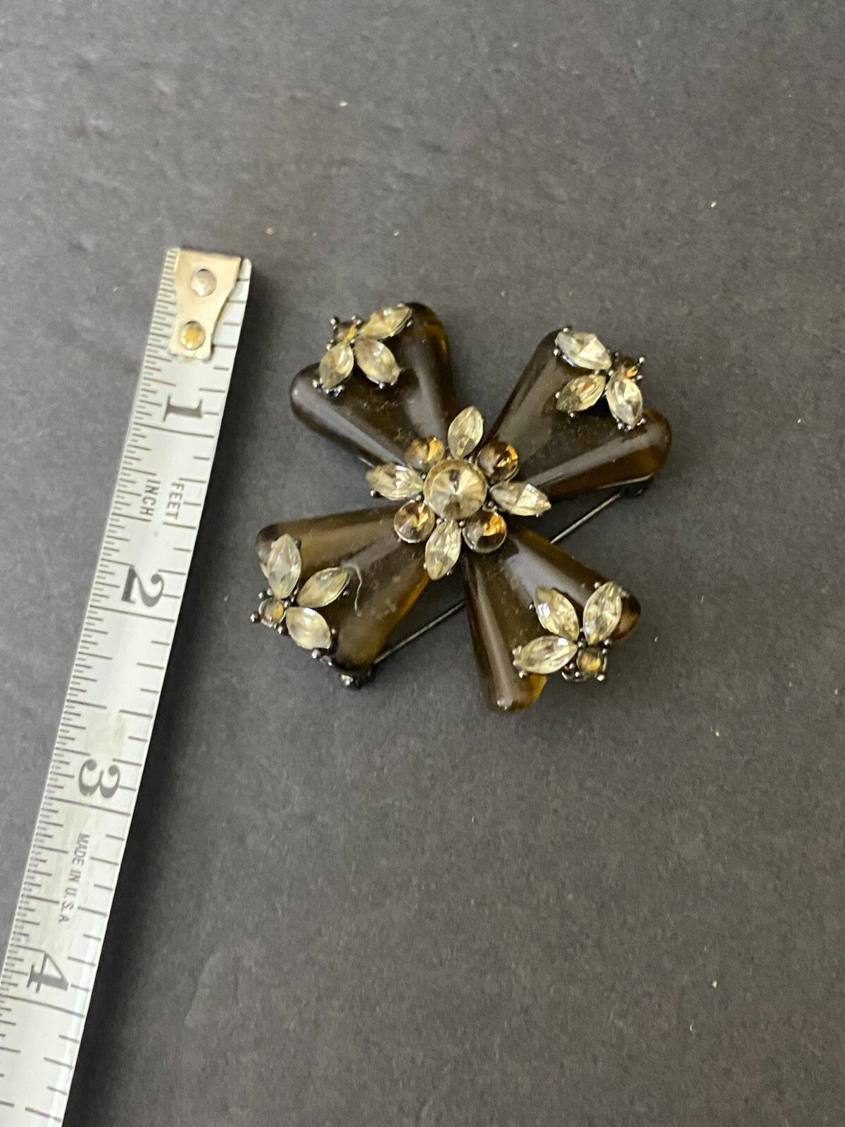 Vintage Accessocraft Smoked 2.5 Inches Cross Shaped With Rhinestones Brooch Pin