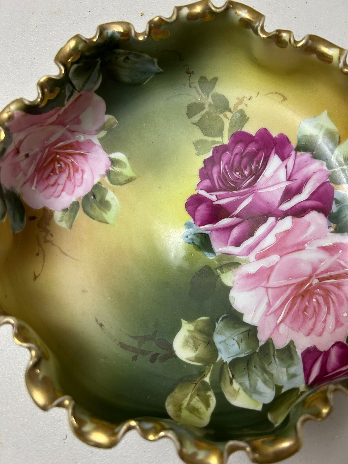 Antique Hand Painted Nippon Round Floral (Pink Roses) Ruffled Edge Dish