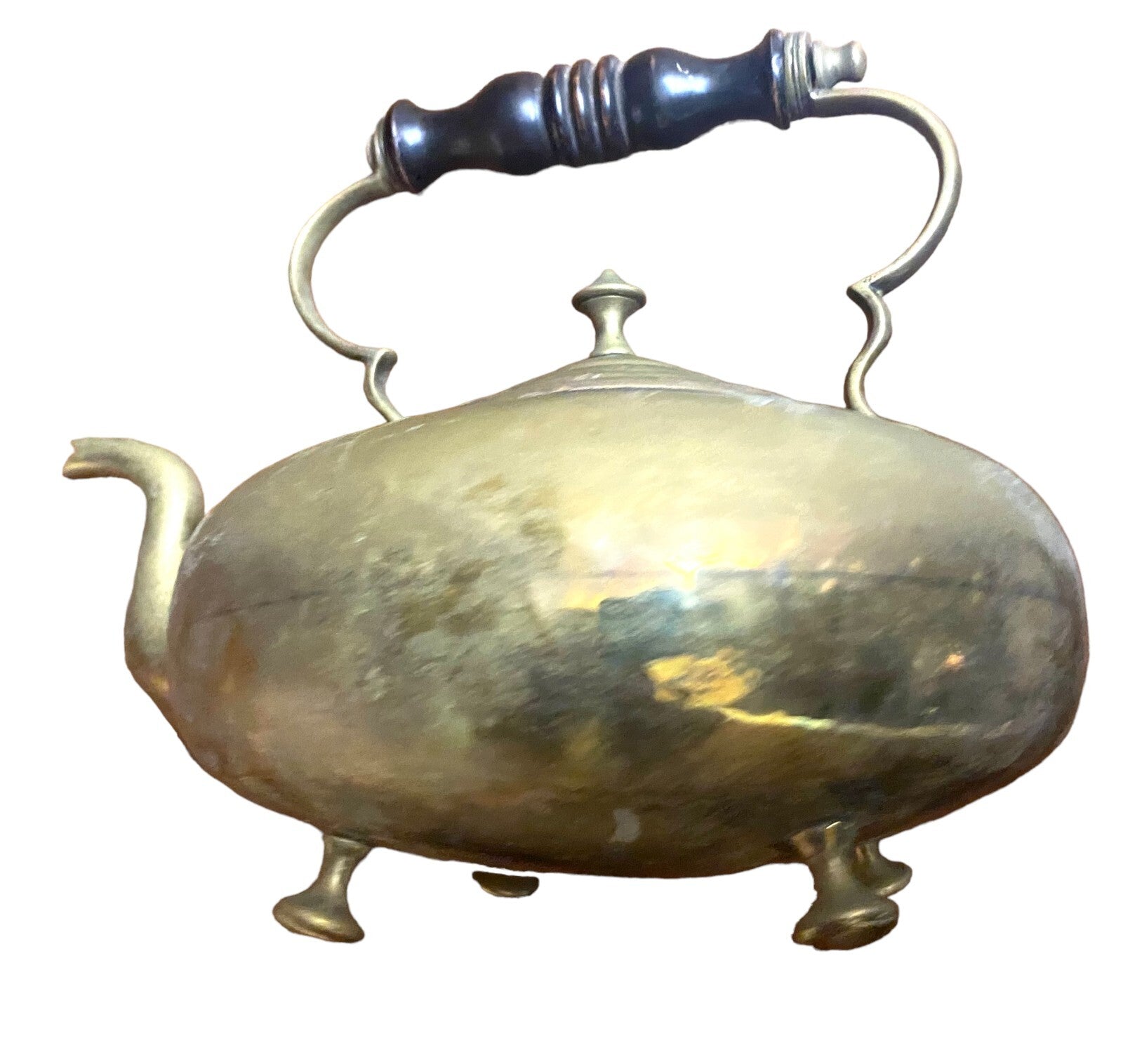 Vintage Brass Tea Kettle Pot With Lid Wood Handle Stands On 4 Legs