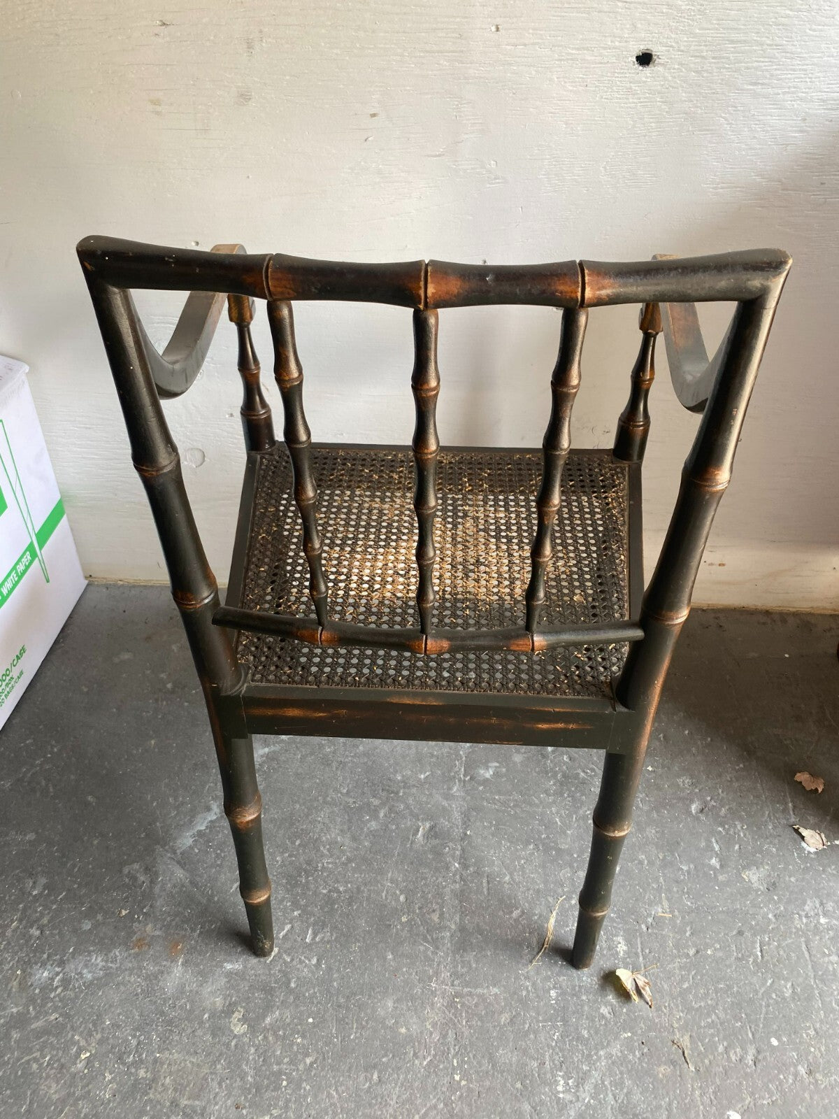 Antique Wooden Cane Seat Black Chair/White Cushion With Arm Rest