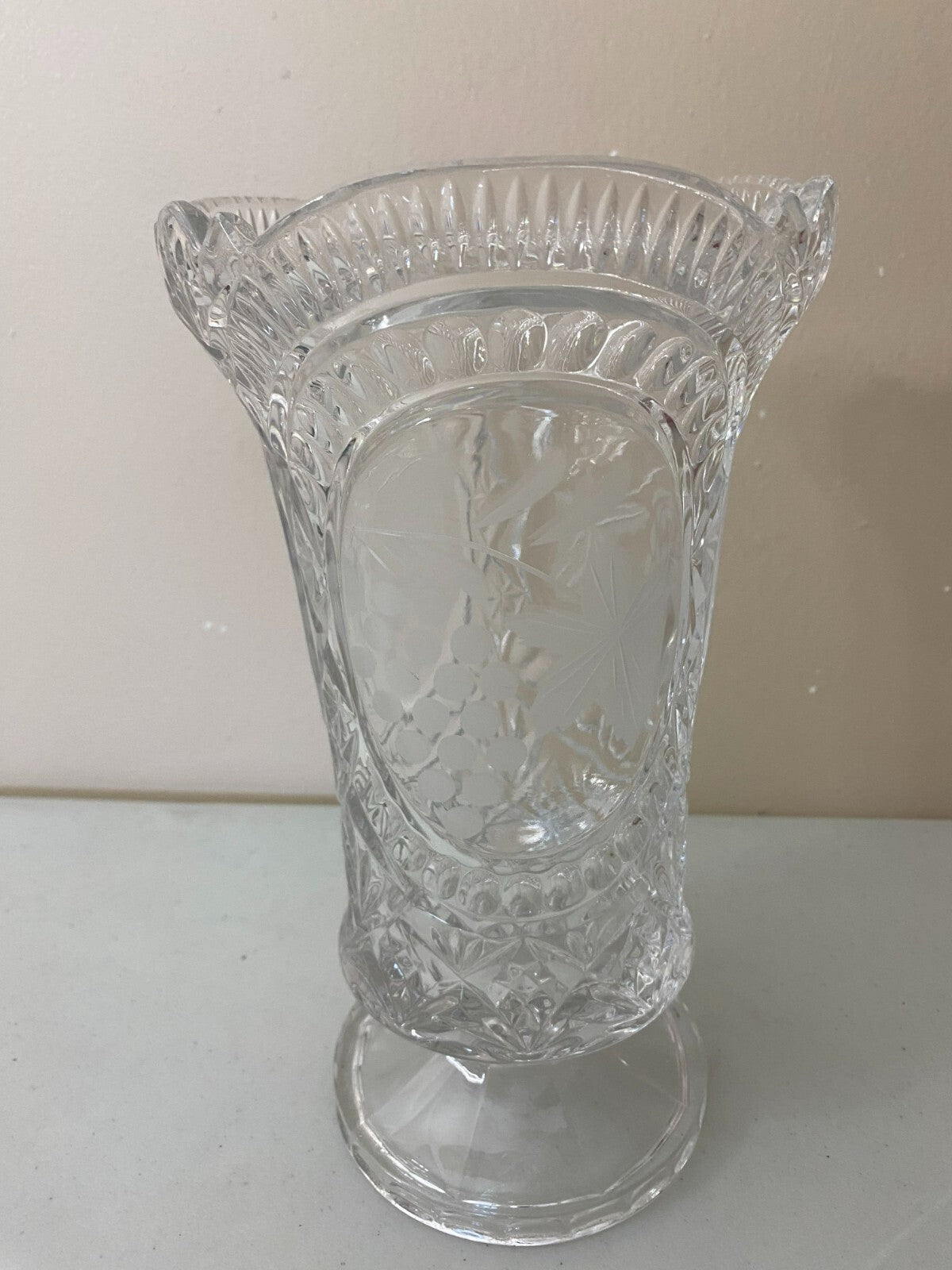 Vintage 10” Crystal Embossed Flower Footed Vase