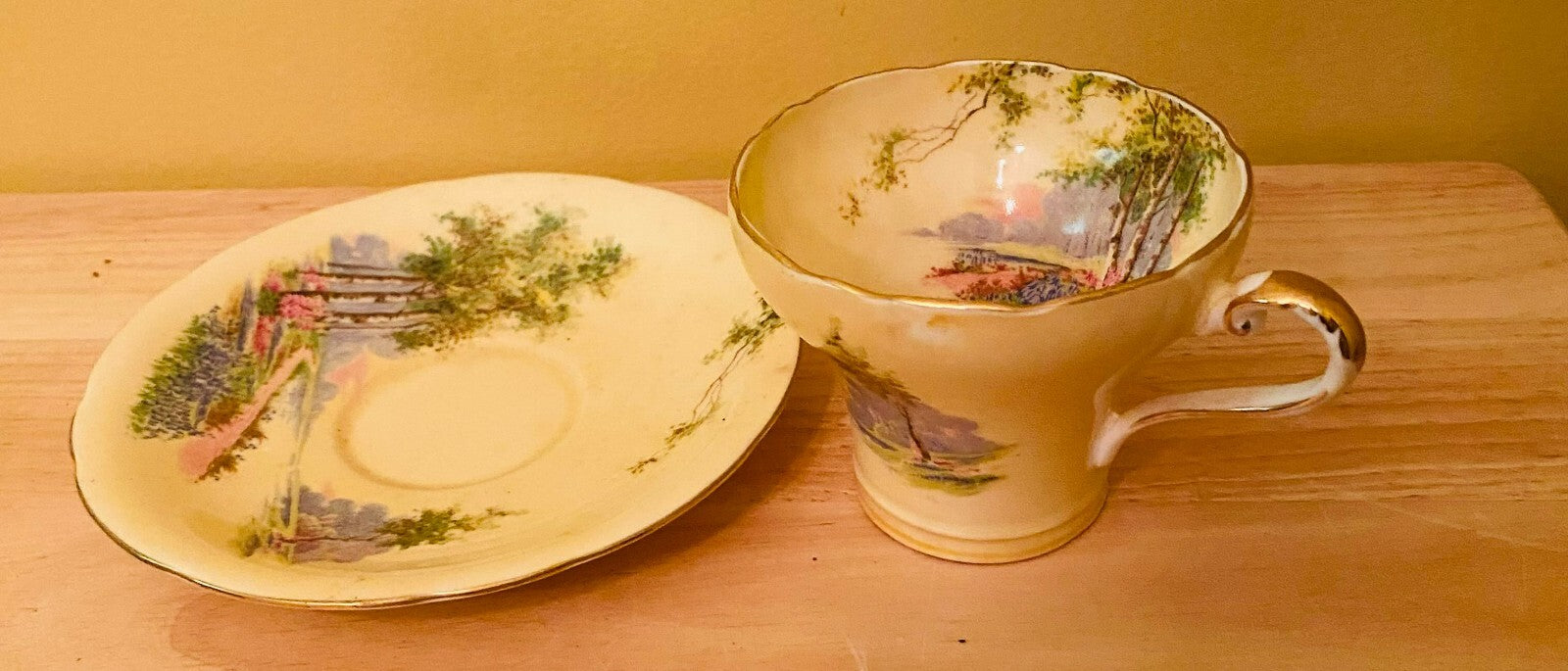 Vintage Aynsley Bone China Blue Bell Time Woodland Tea Cup And Saucer