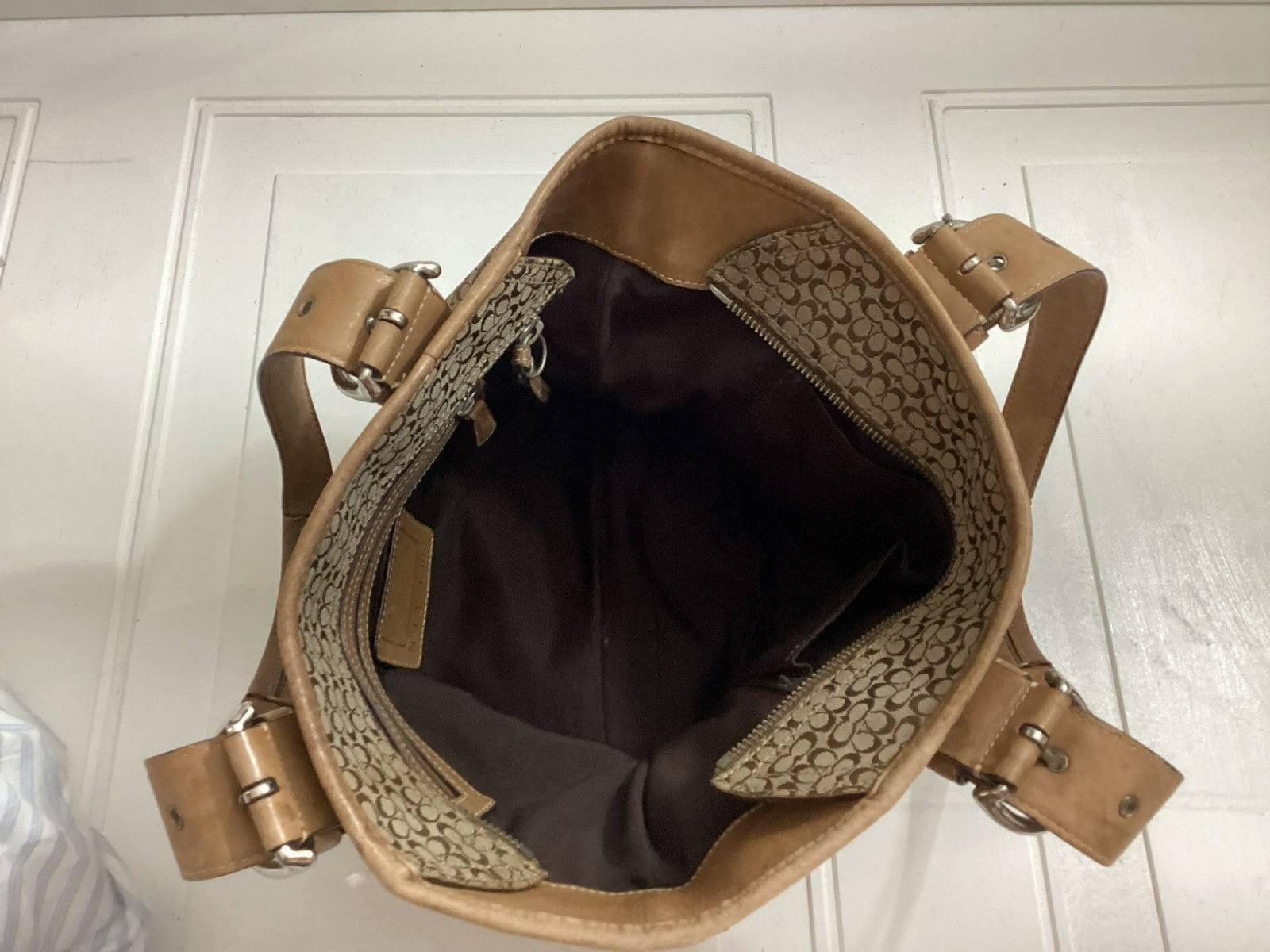 Coach Women's Signature Logo Brown Leather Canvass Double Handle Tote Bag