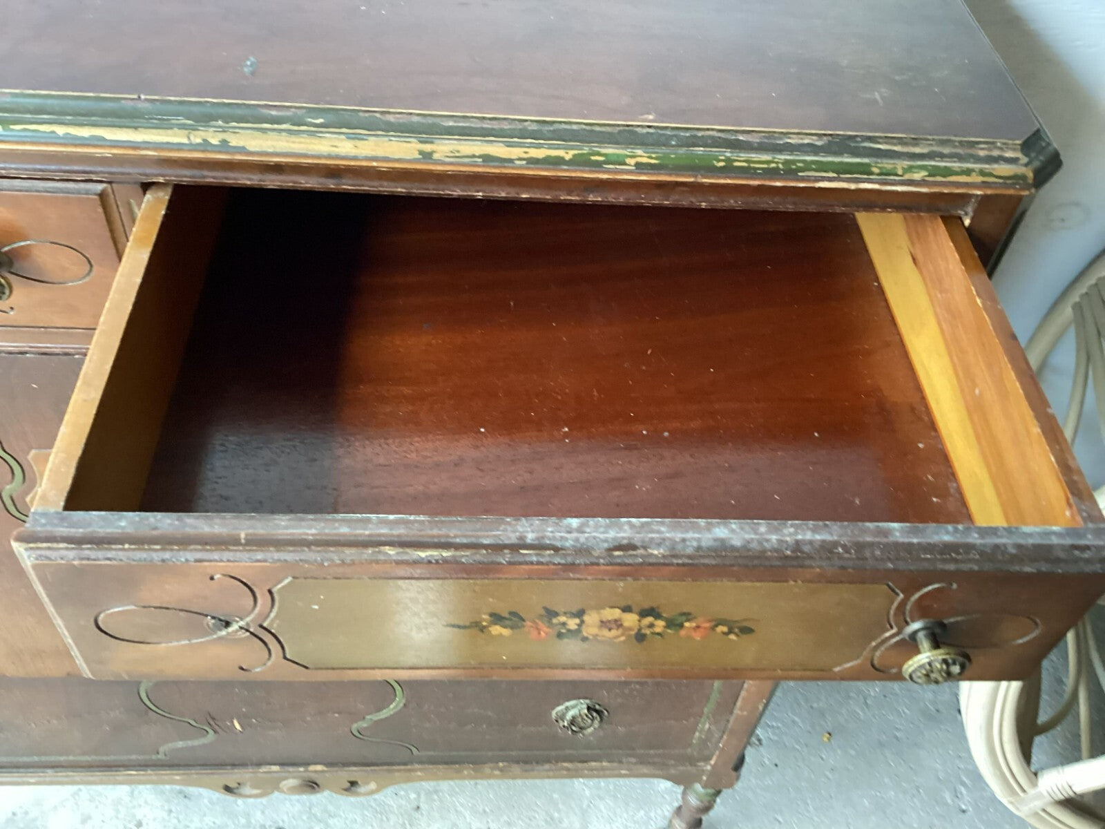 Vintage 5 Drawers Brown Wooden Wheeled Dresser/Chest With Floral Design