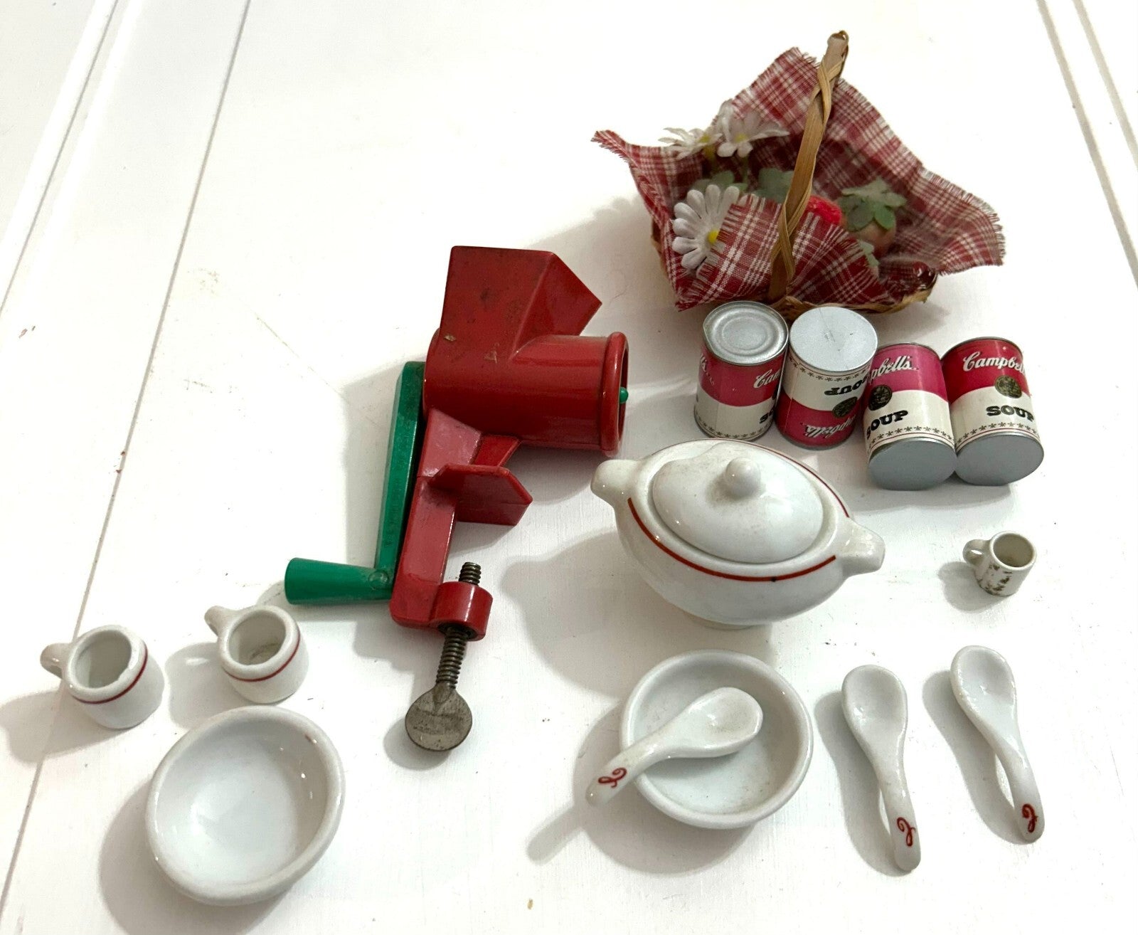Vintage Campbell Collectibles (Cans, Soup Spoons & Bowl, Grinder, Tea Pot & Cup)