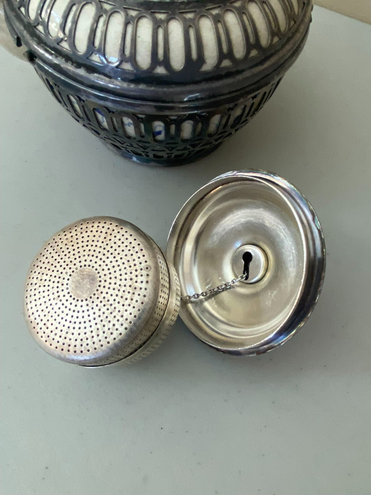 Antique Reticulated Ceramic Covered With Metal Teapot With Built In Strainer