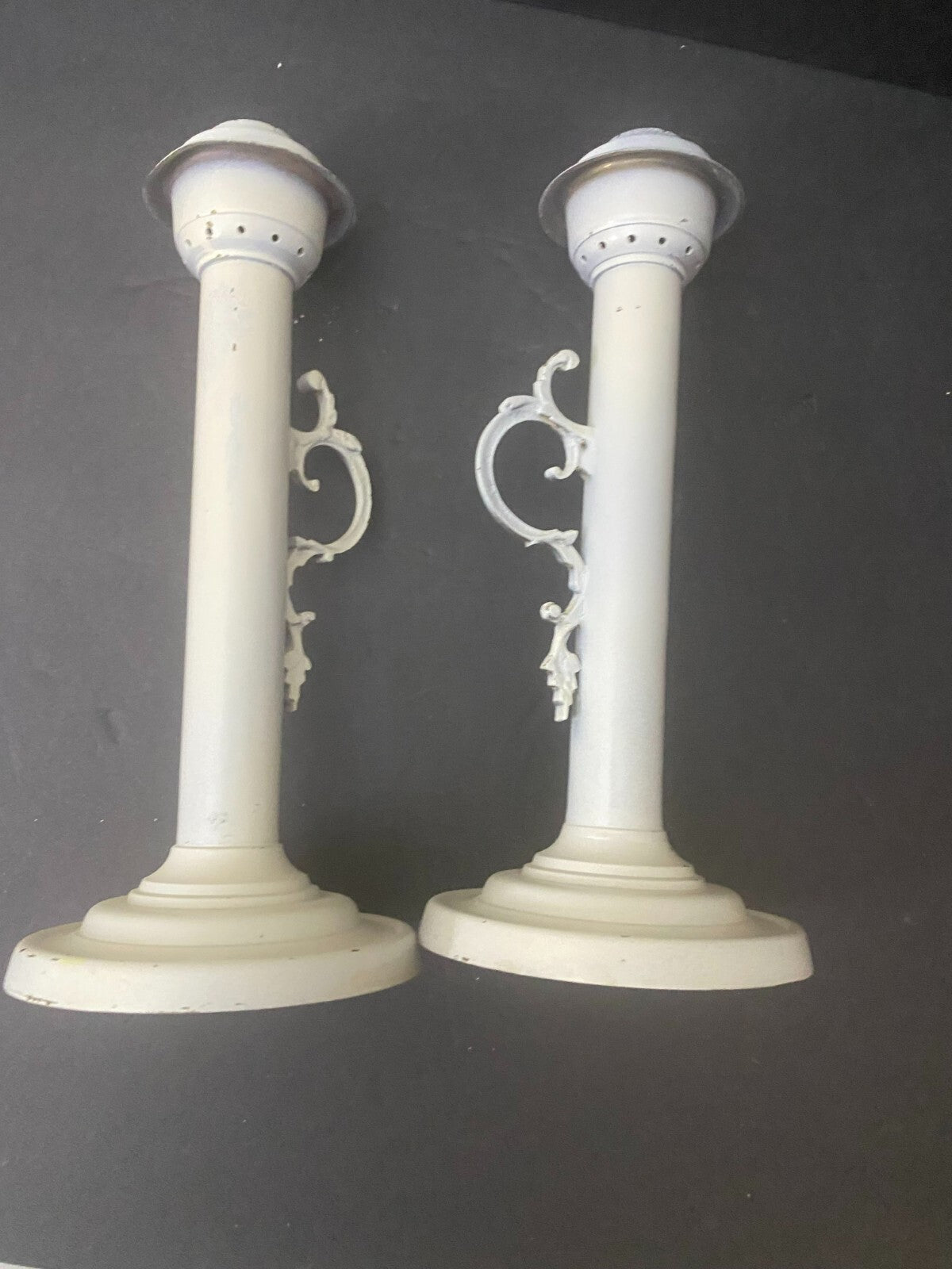 Set Of 2 White Painted Brass Decorative Display Candlesticks Holder 11x5 Inches