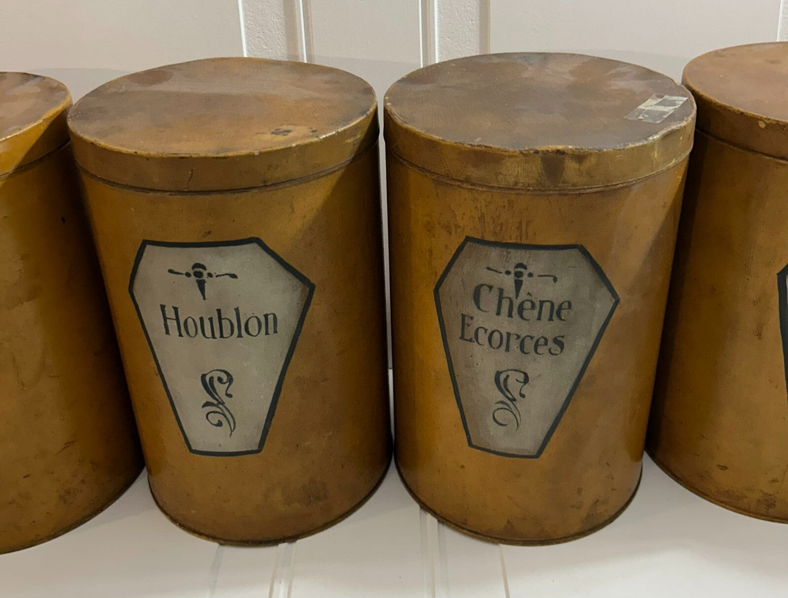 Antique French Set Of 6 Apothecary Brown Metal Canister Containers