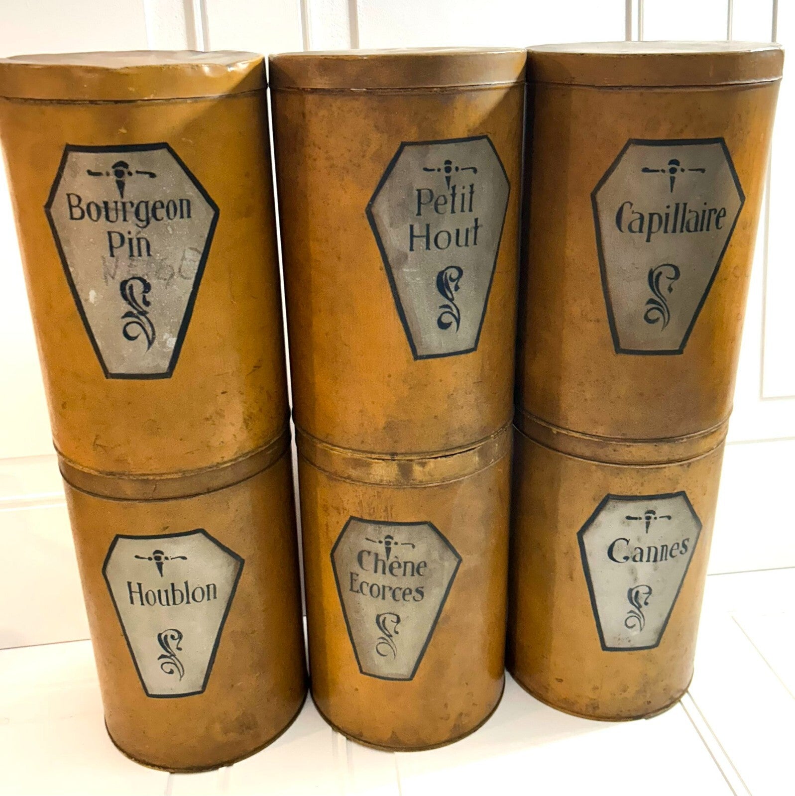 Antique French Set Of 6 Apothecary Brown Metal Canister Containers