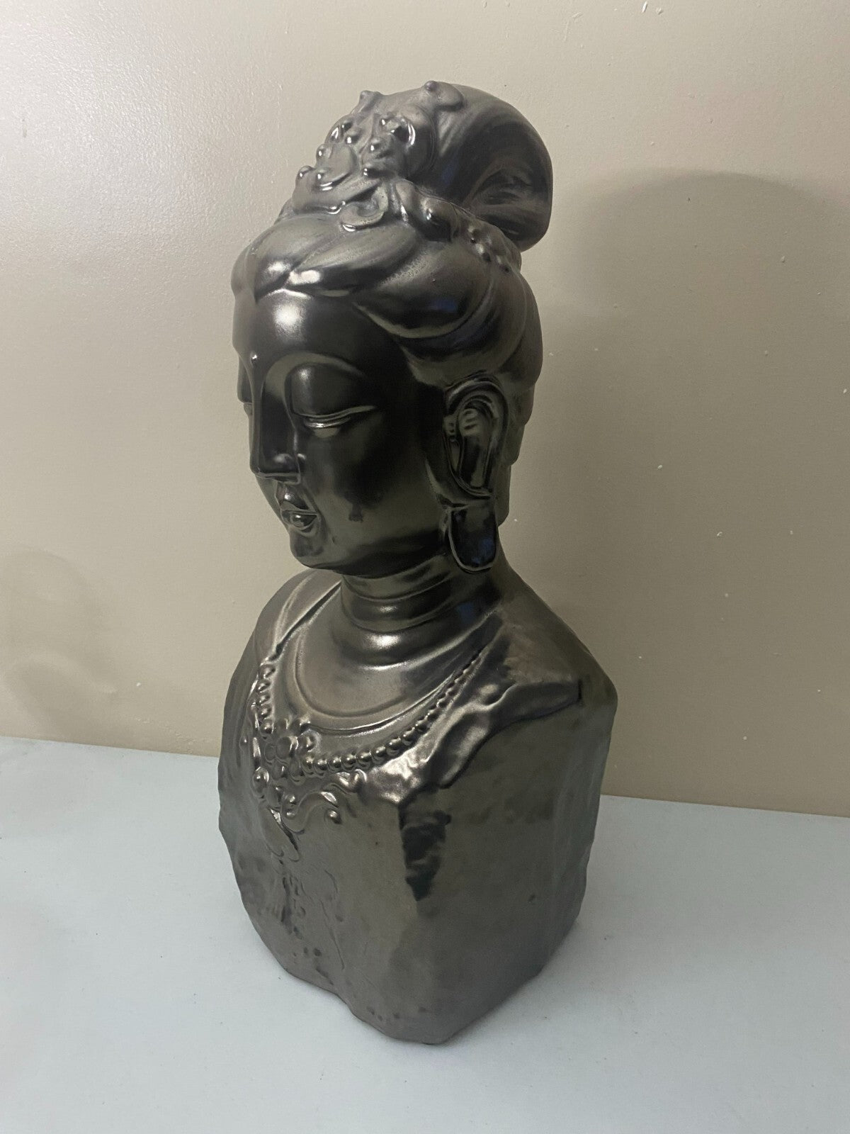 Large Pewter Gray Ceramic Buddha Bust Statue 19.5x9x6 In