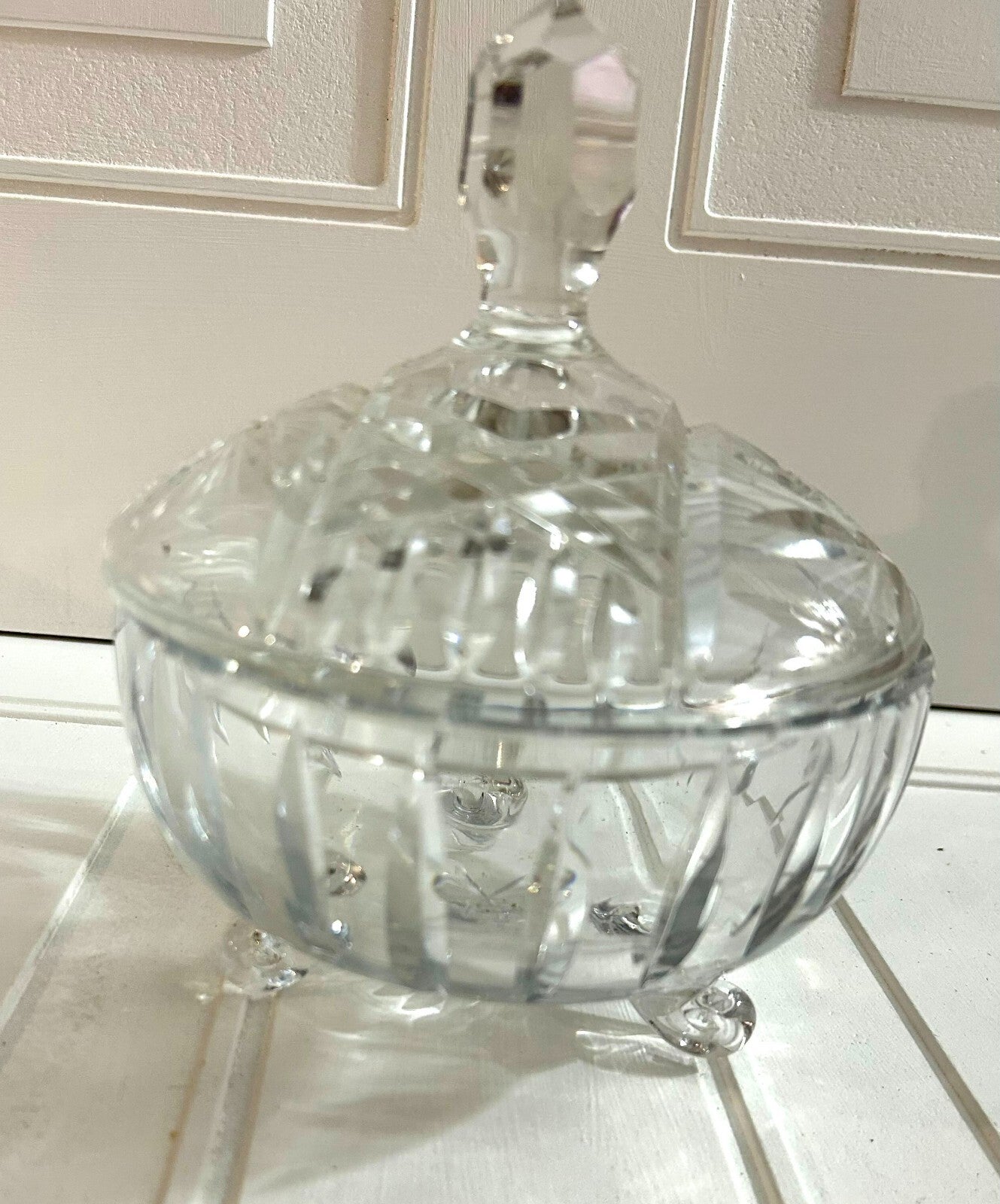 Vintage Clear Glass Footed Bon Bon/Candy Dish With Lid Starburst Design