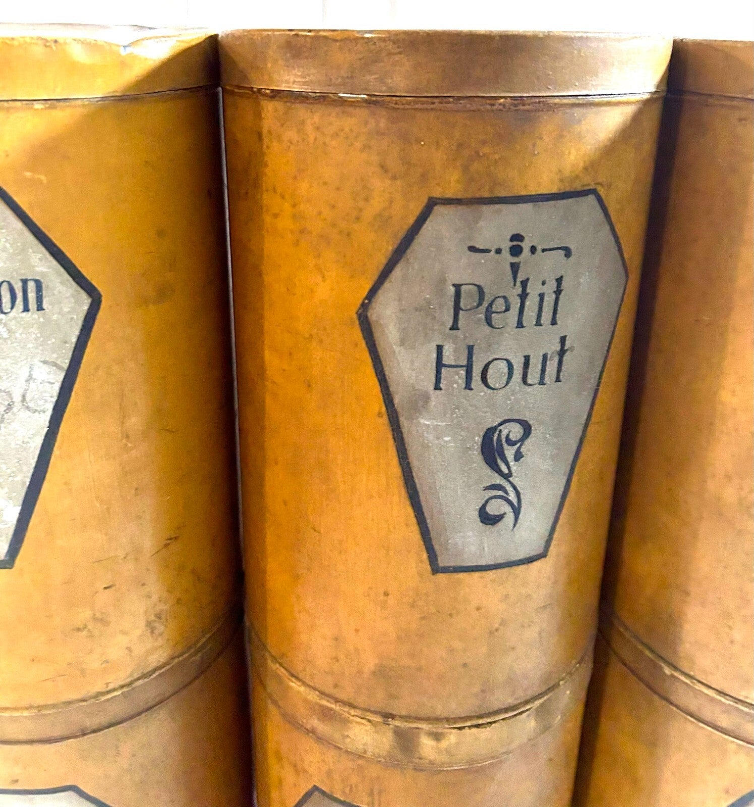 Antique French Set Of 6 Apothecary Brown Metal Canister Containers