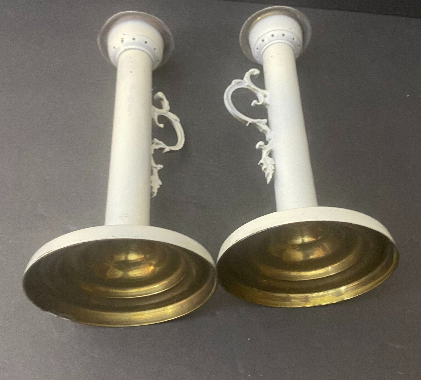 Set Of 2 White Painted Brass Decorative Display Candlesticks Holder 11x5 Inches