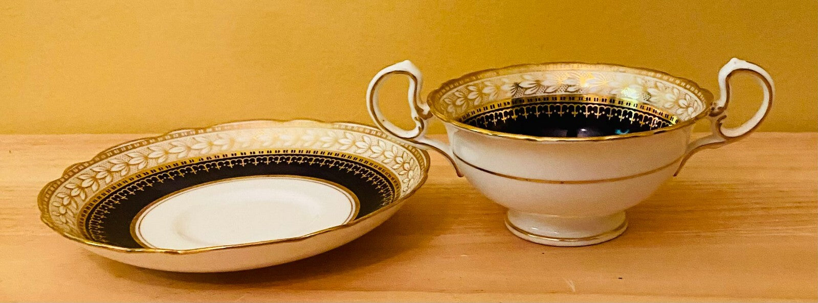 Ainsley Black/Gold/White Double Handle Cream Soup Cup & Saucer Set
