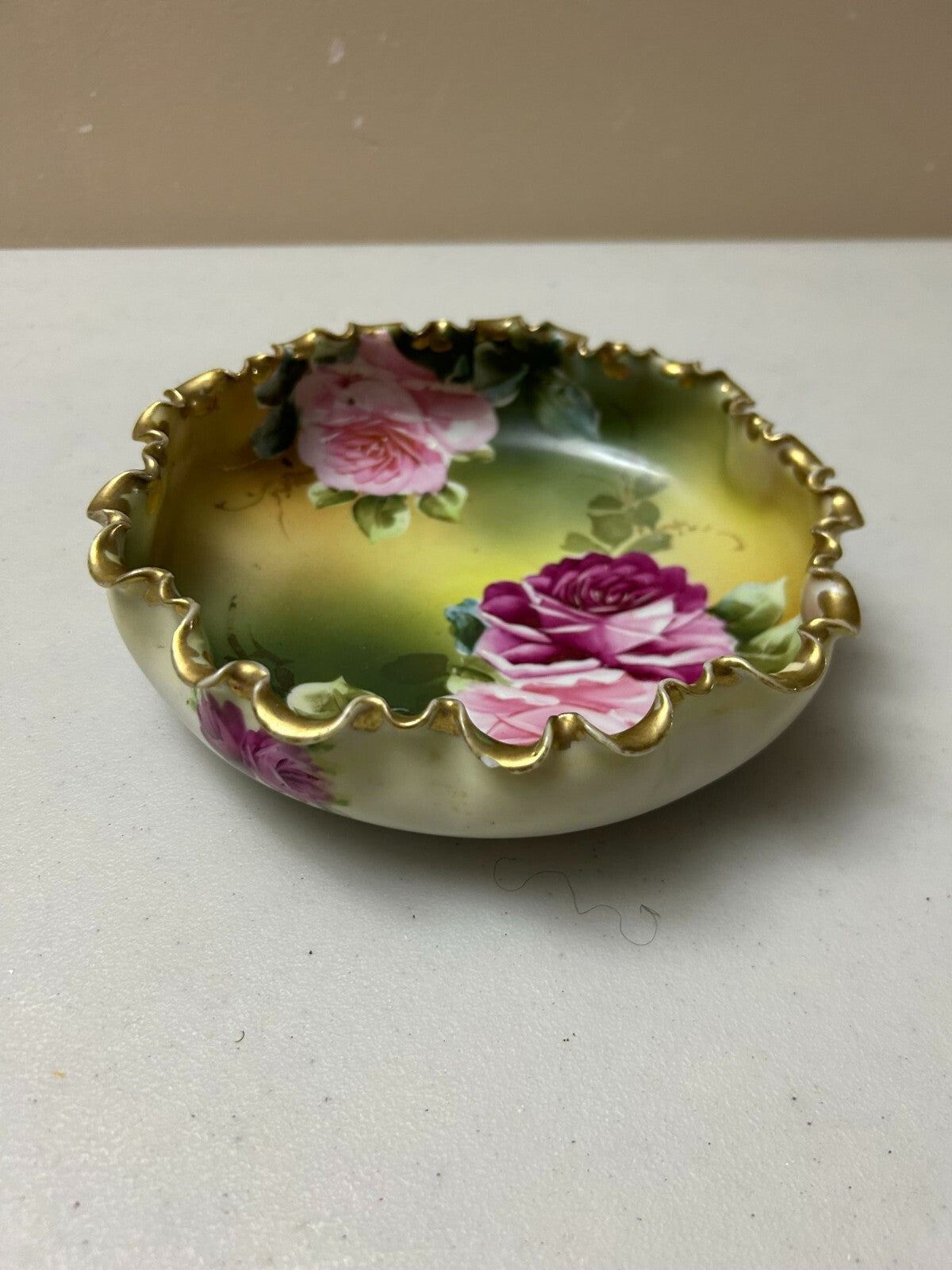 Antique Hand Painted Nippon Round Floral (Pink Roses) Ruffled Edge Dish