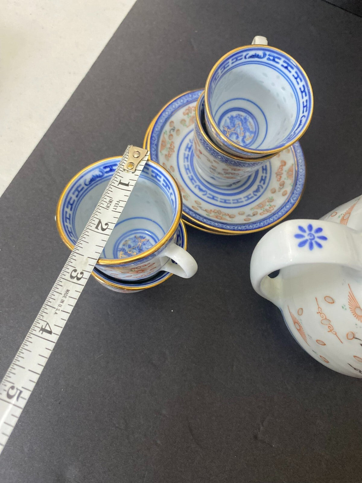Vintage Blue/White/gold Asian Rice Glass 12 Pieces Tea Set