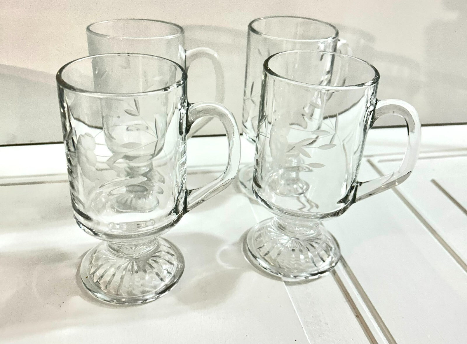 Set Of 4 Clear Floral Etching Footed Irish Coffee Glass Mugs With Handle