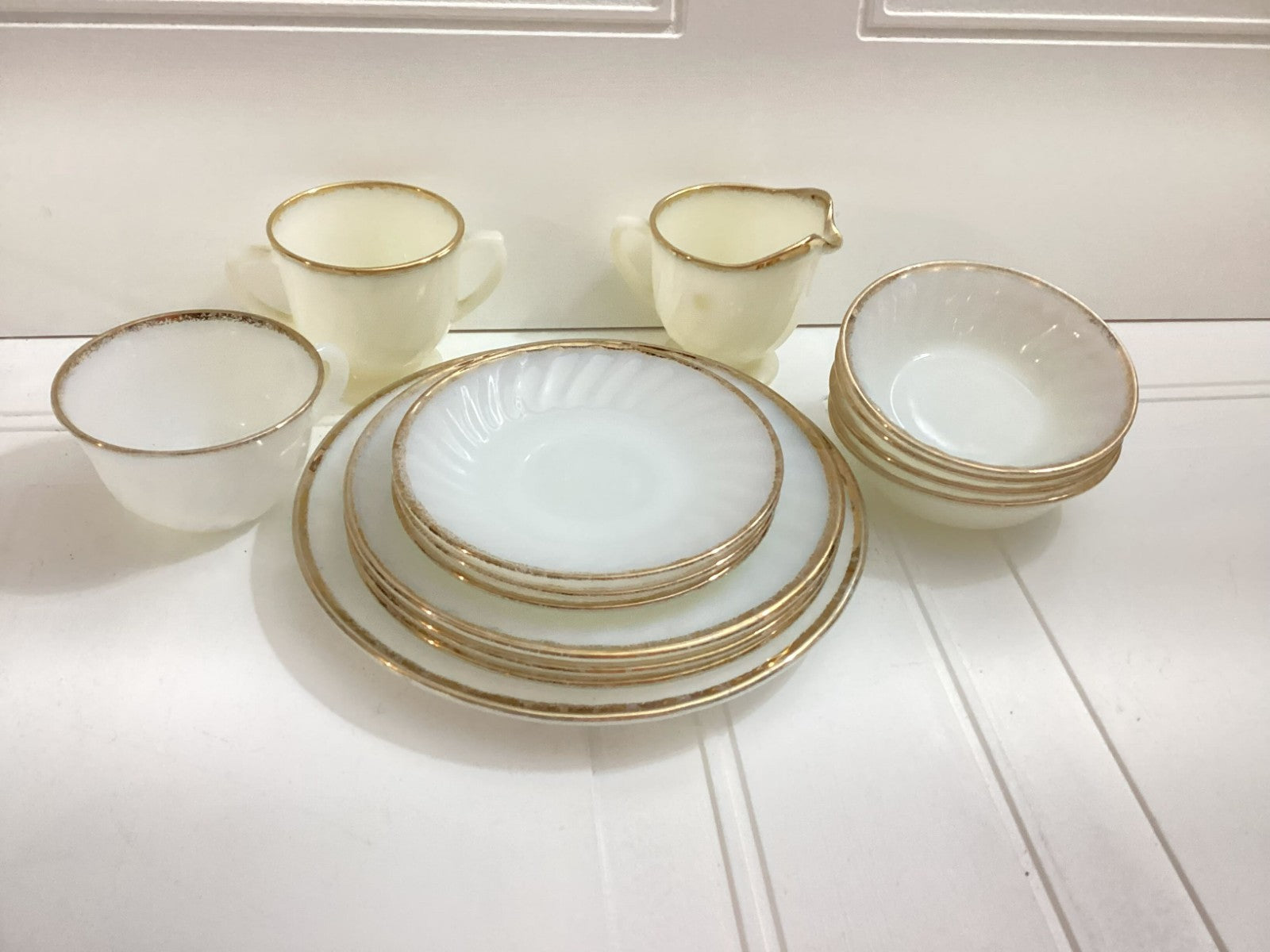 14 Pcs Vintage Fire King White swirl Milk Glass Oven Ware With Gold Rim