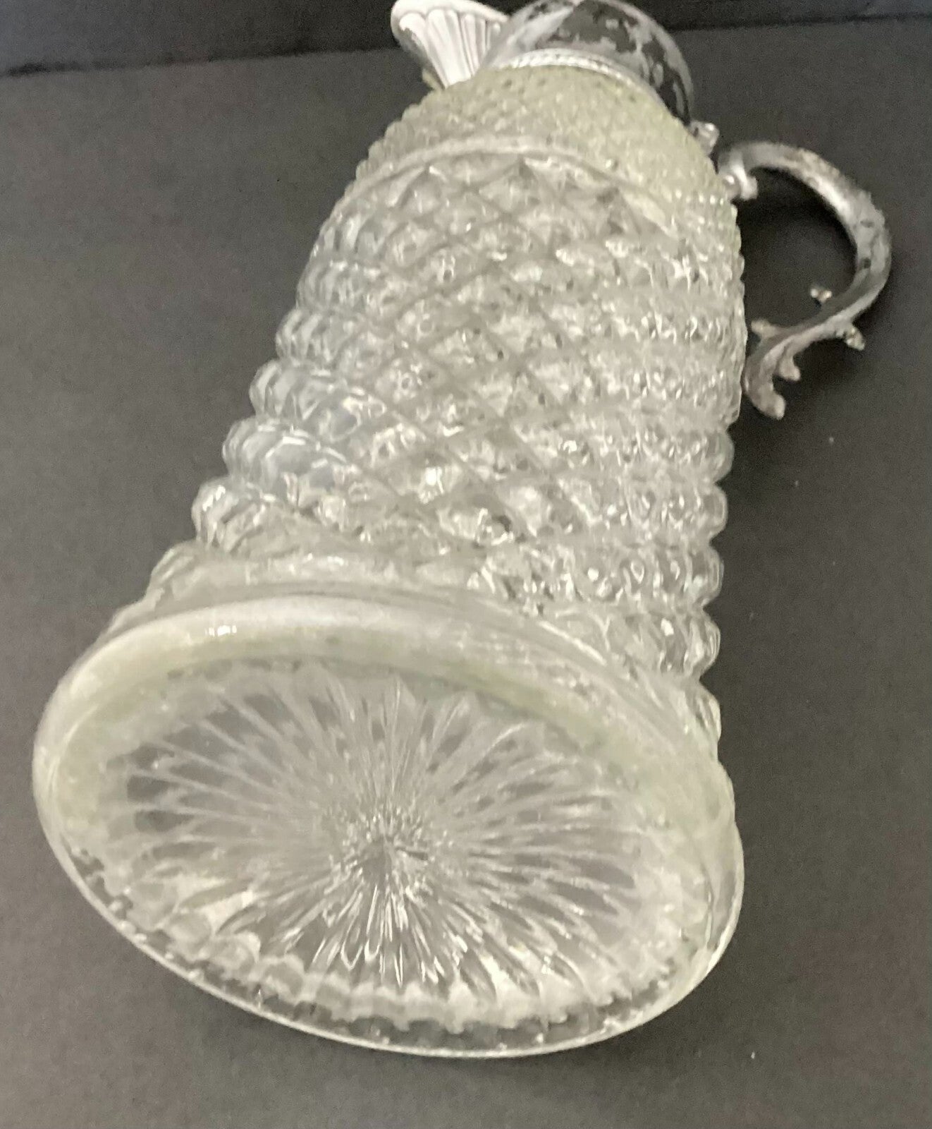 Pressed Glass Crystal Pitcher Decanter Silver Plate Top