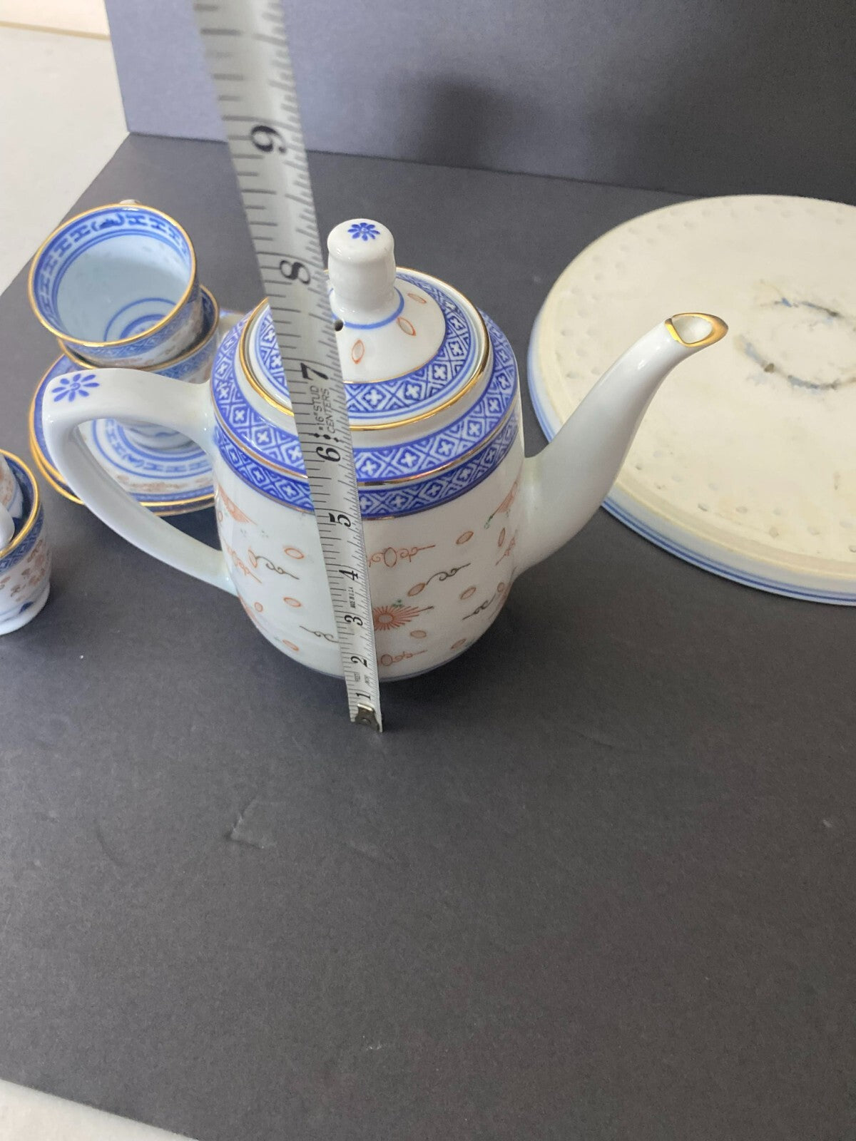 Vintage Blue/White/gold Asian Rice Glass 12 Pieces Tea Set