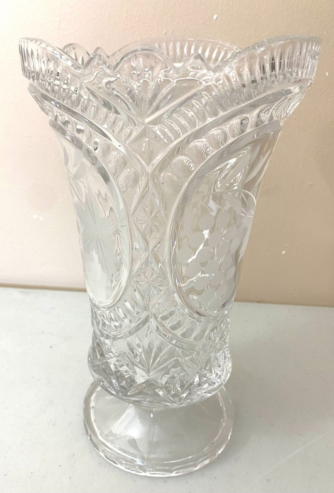 Vintage 10” Crystal Embossed Flower Footed Vase