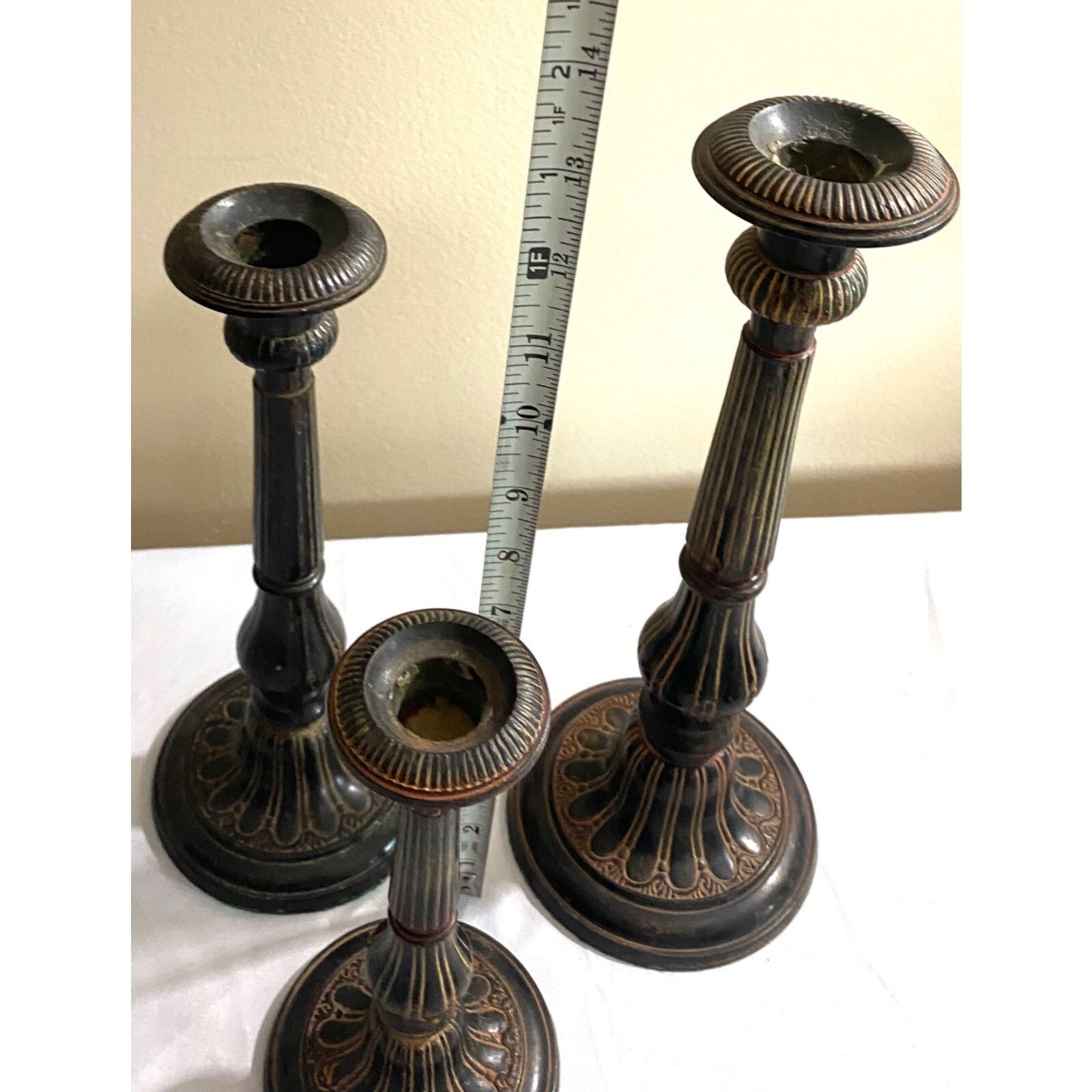Stunning set of 3 Mid Century brass candle holders