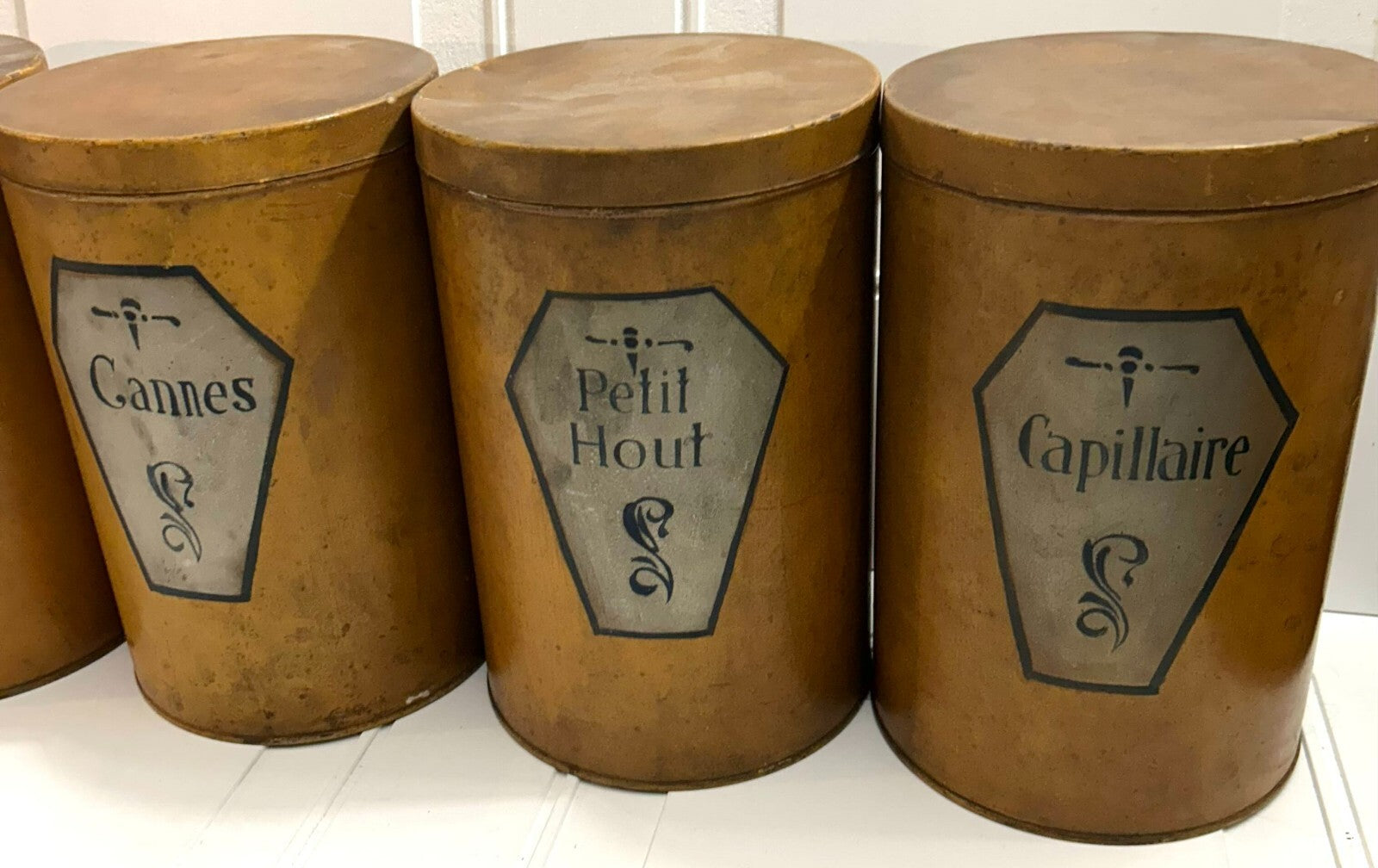 Antique French Set Of 6 Apothecary Brown Metal Canister Containers