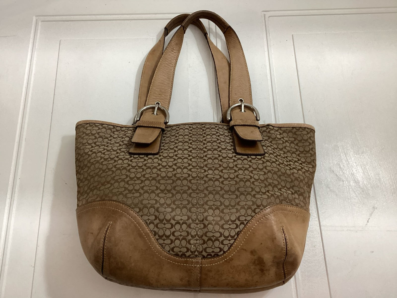 Coach Women's Signature Logo Brown Leather Canvass Double Handle Tote Bag