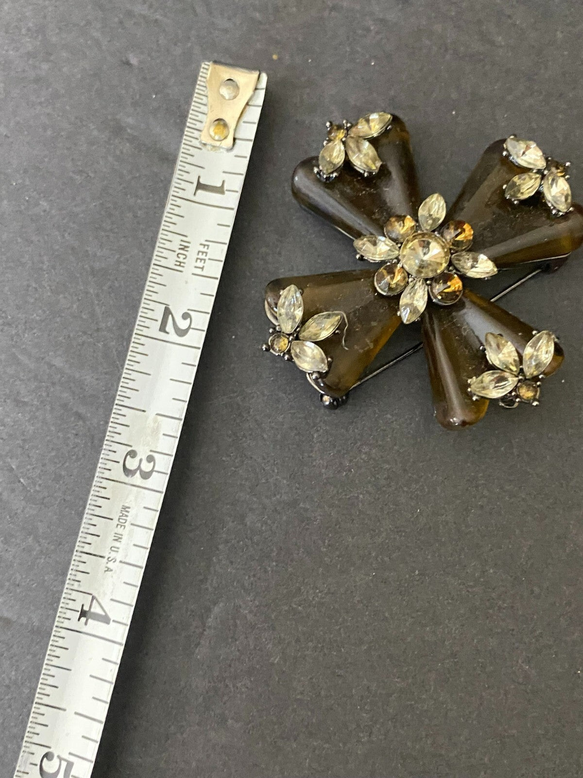 Vintage Accessocraft Smoked 2.5 Inches Cross Shaped With Rhinestones Brooch Pin