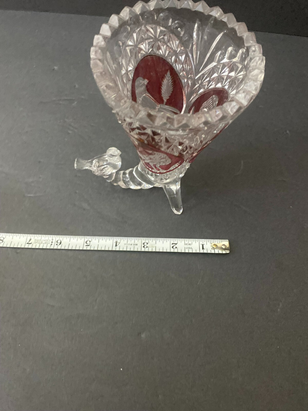 Hofbauer Byrdes Crystal Cornucopia Red Bird Design Vase