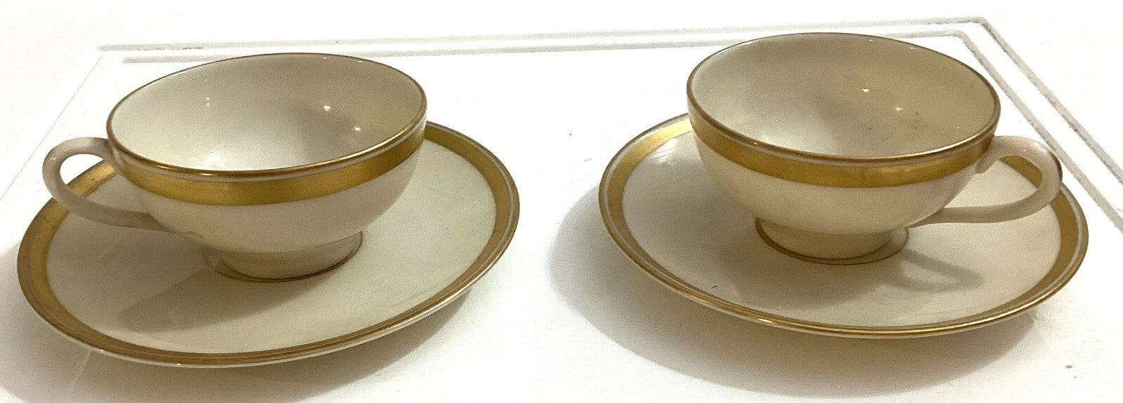 Set Of 2 Lunning Inc. White With Gold Trim Edge Coffee Cups And Saucers