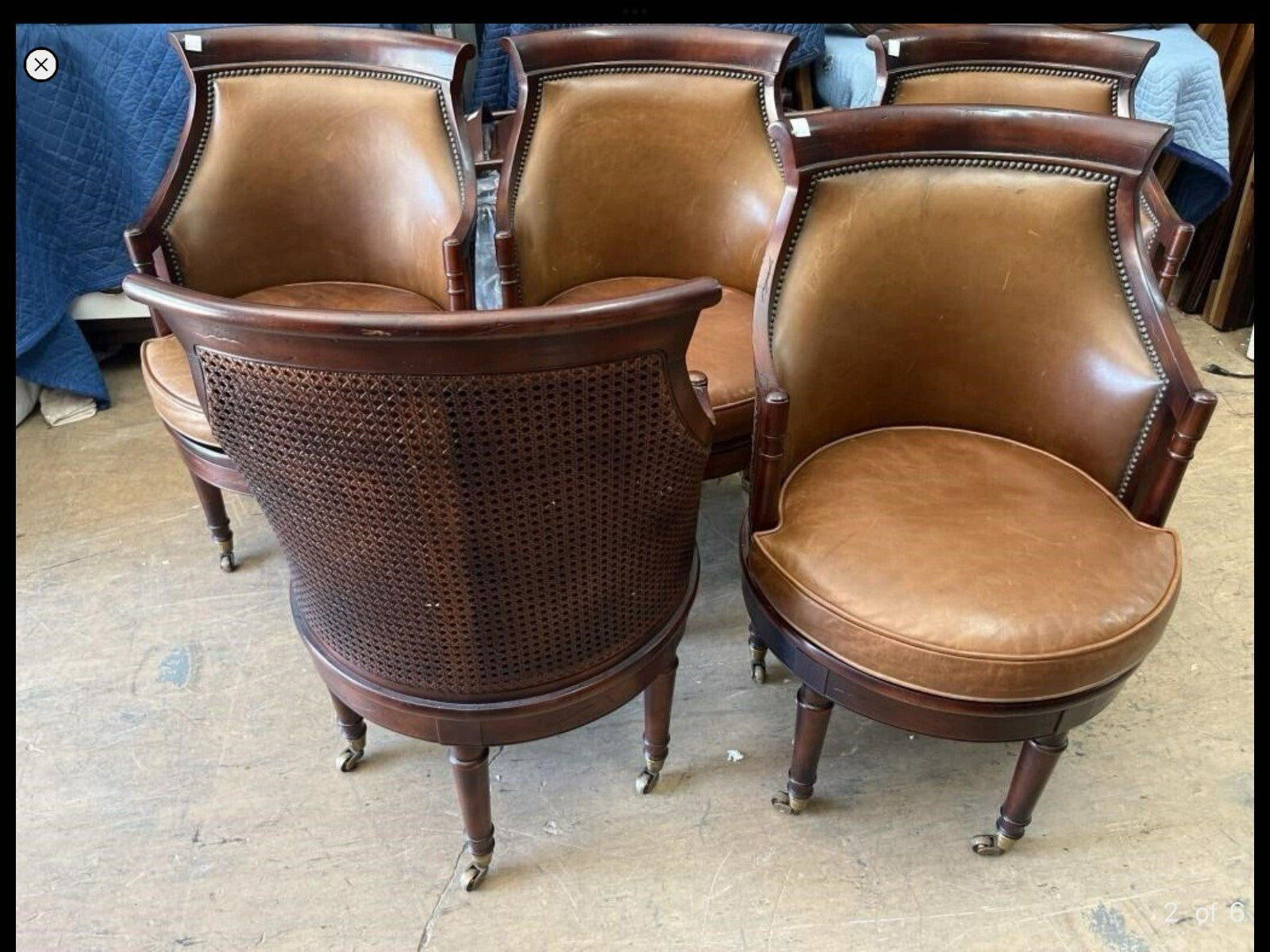 Lot Of 5 Drexel Heritage Cane Back Brown Leather Swivel Wheeled Legs