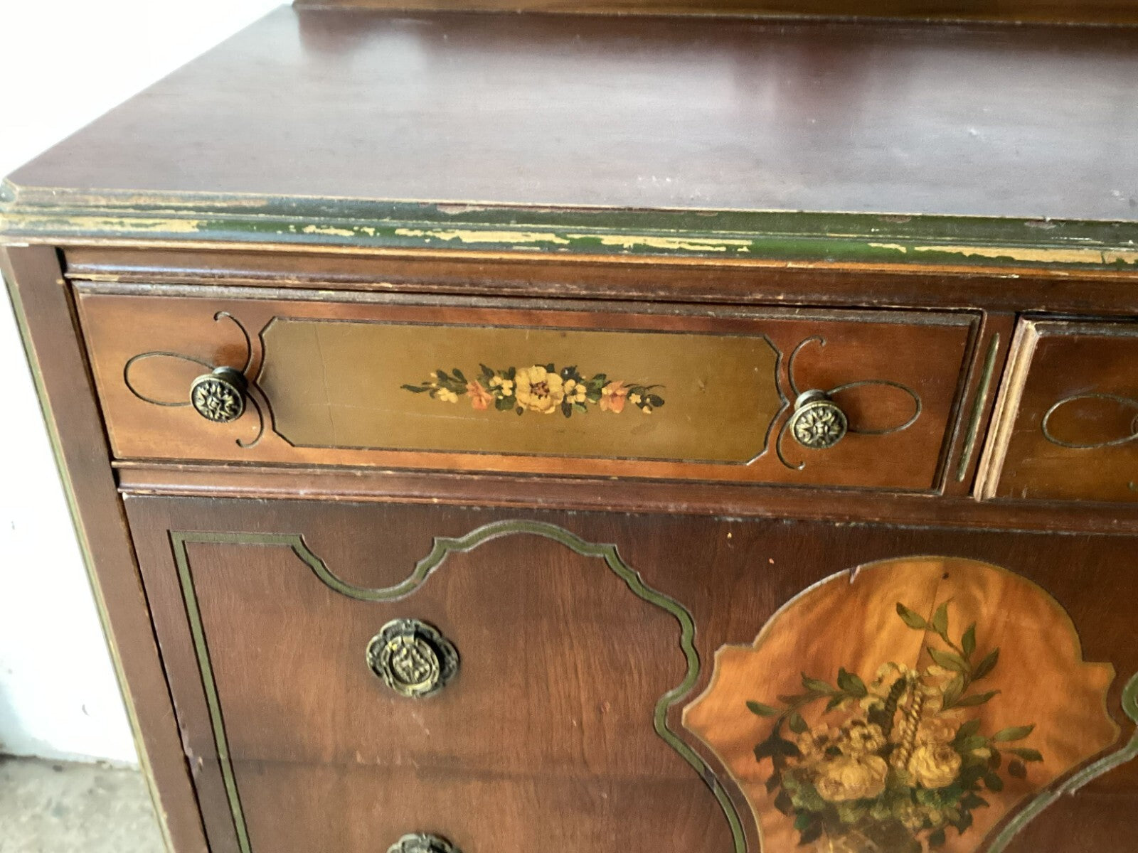Vintage 5 Drawers Brown Wooden Wheeled Dresser/Chest With Floral Design