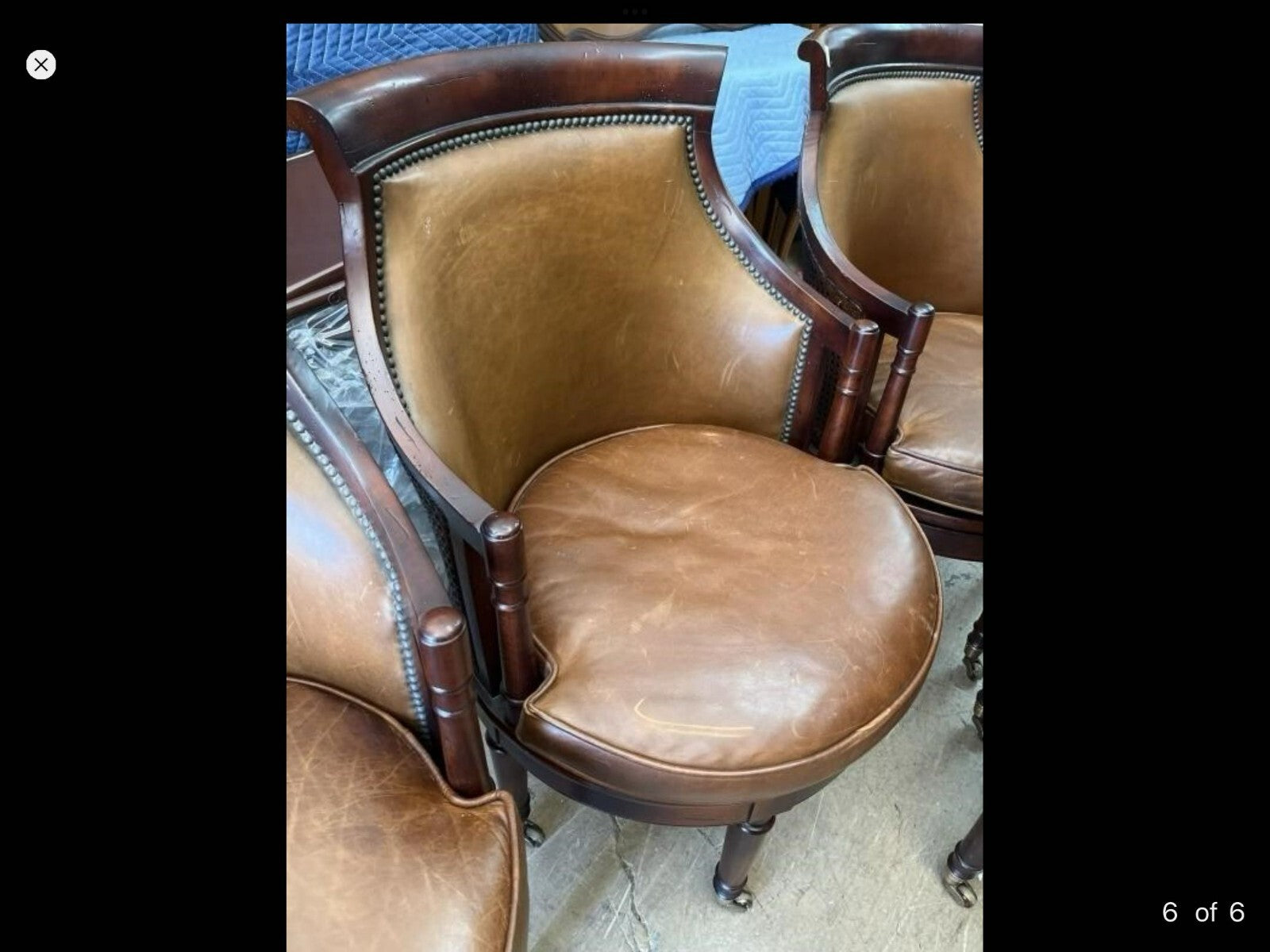 Lot Of 5 Drexel Heritage Cane Back Brown Leather Swivel Wheeled Legs
