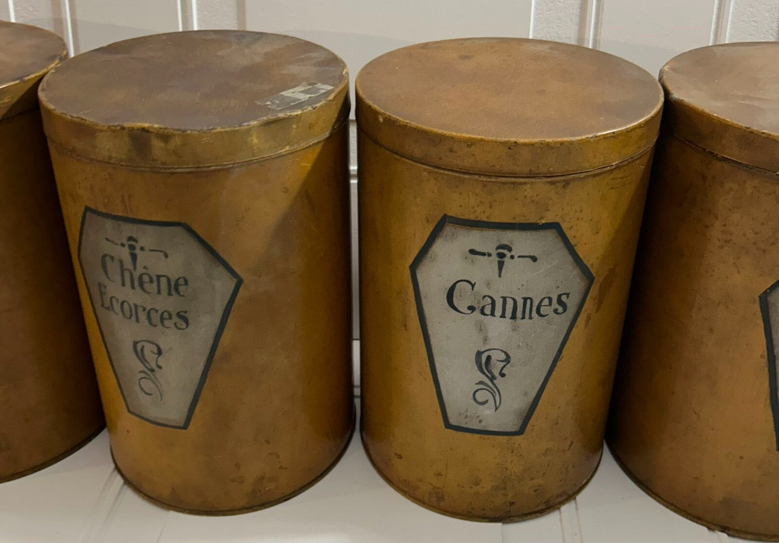 Antique French Set Of 6 Apothecary Brown Metal Canister Containers