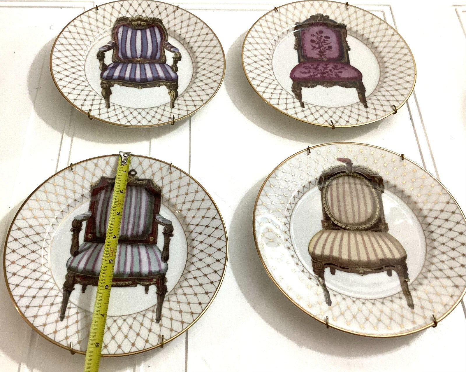 Vintage Set 4 Fitz & Floyd Round Shaped 8 1/4 Inch Chairs Plates