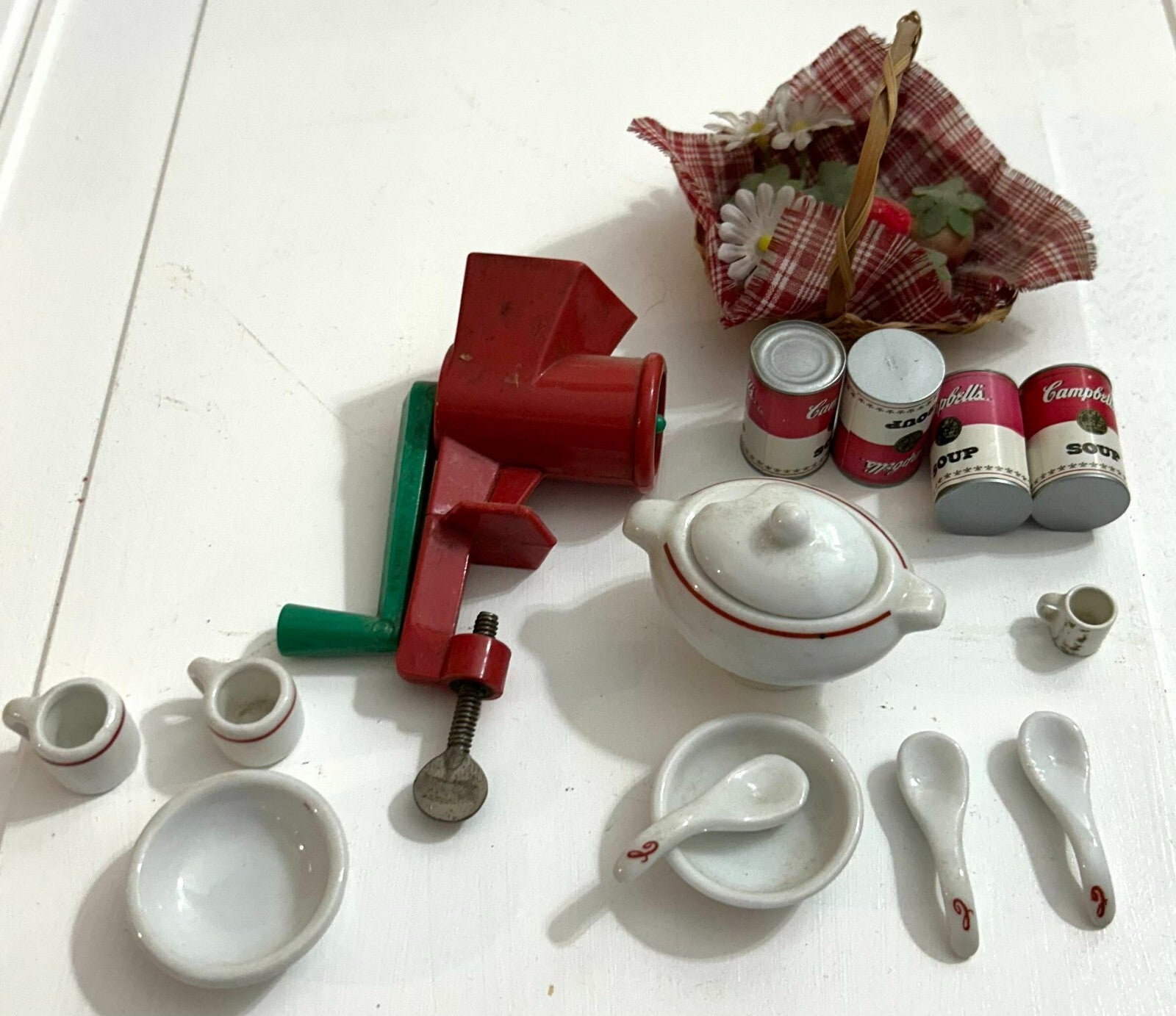 Vintage Campbell Collectibles (Cans, Soup Spoons & Bowl, Grinder, Tea Pot & Cup)